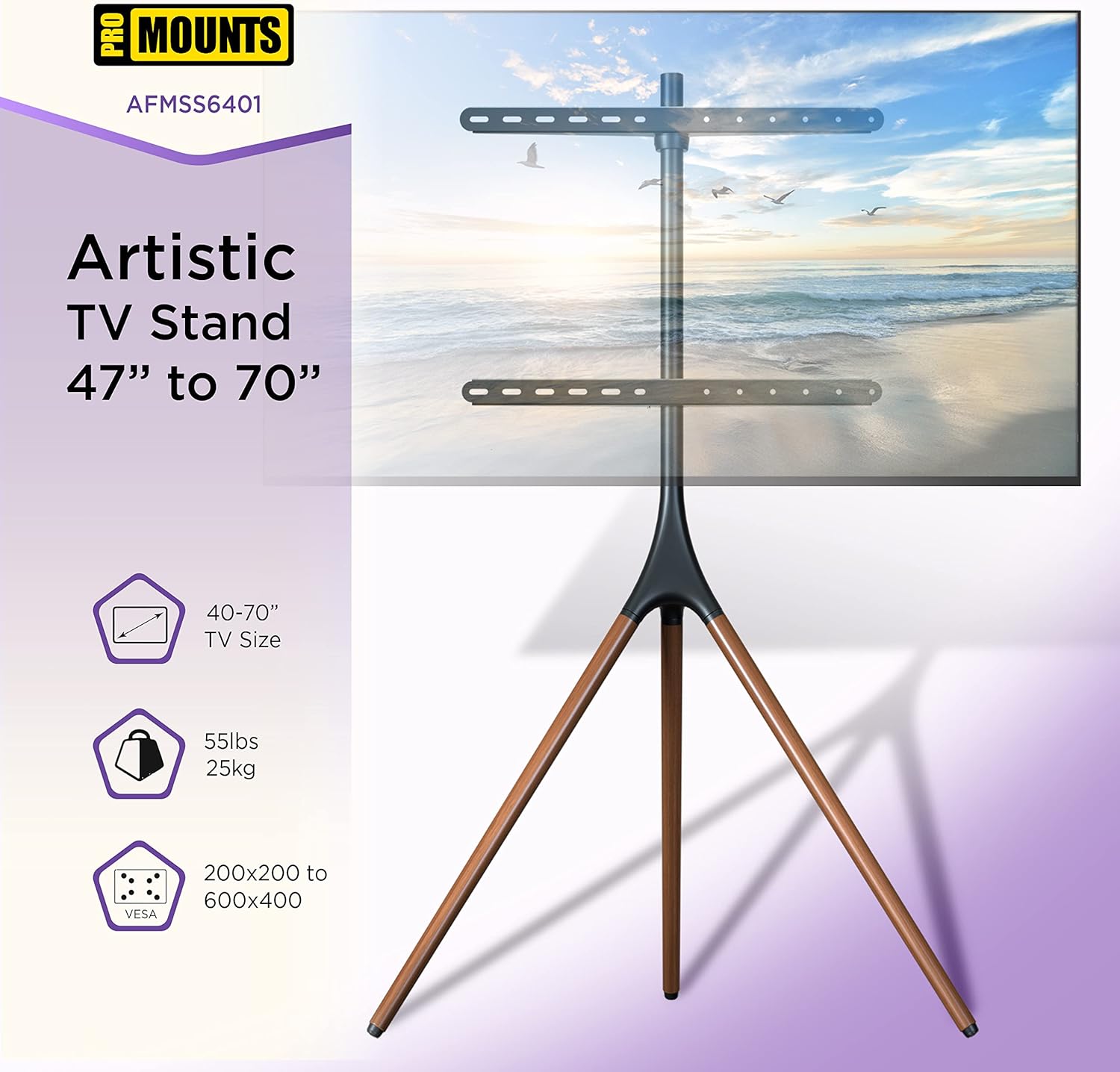 Modern Black Matte Tripod TV Stand with Wooden Legs