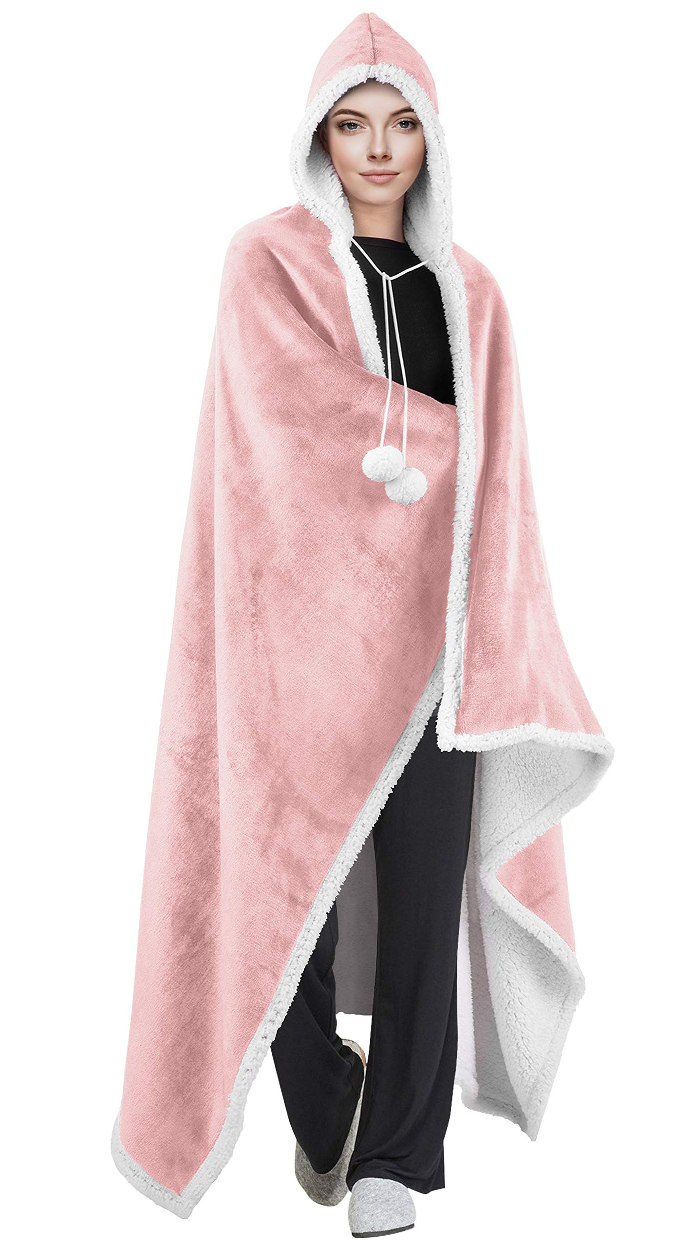 Oversize Teddy Sherpa Cuddly Cosy Sweatshirt Hoodie Double Layer Thermal Giant Blanket with Front Pocket Adults Teens Mens Womens (Hooded Blanket Pink)