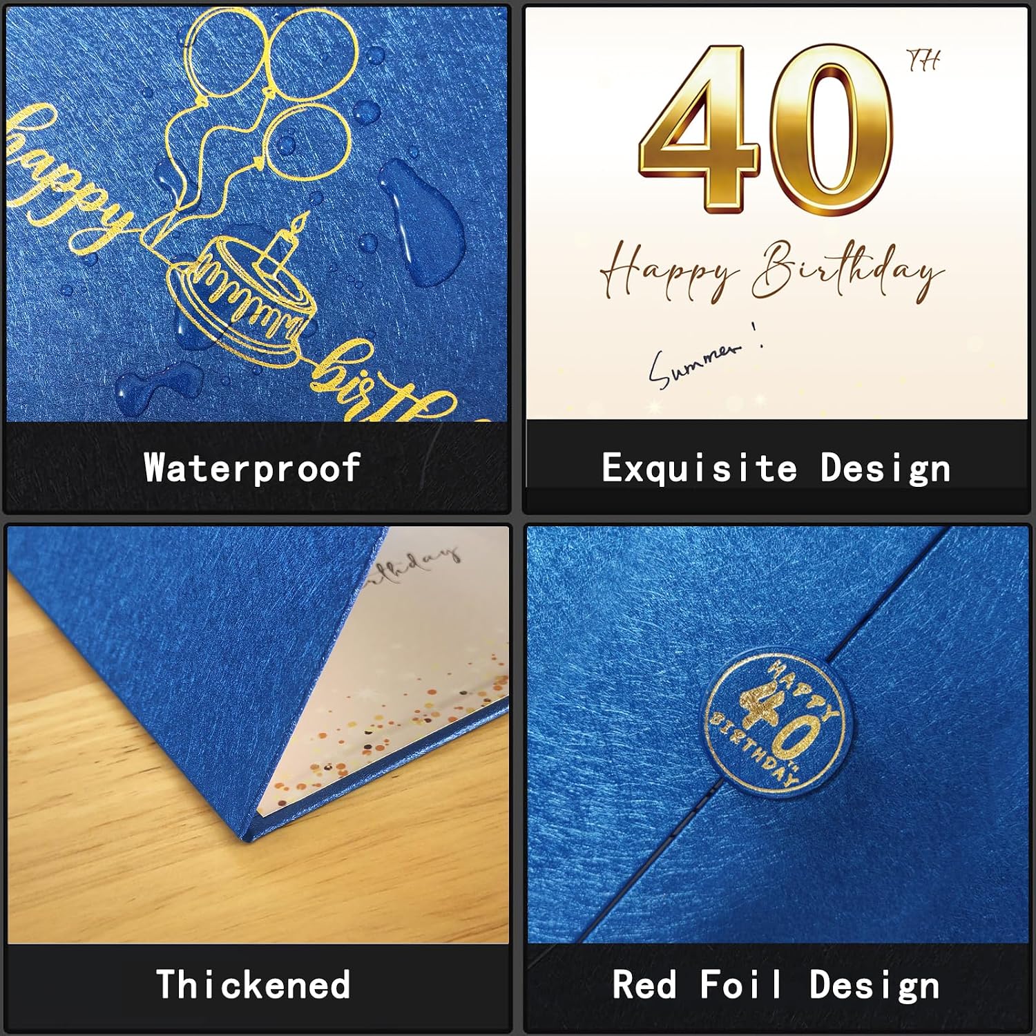 Blue Gold 40th Birthday Signature Guest Book 12" x 18" Decor for Men Women