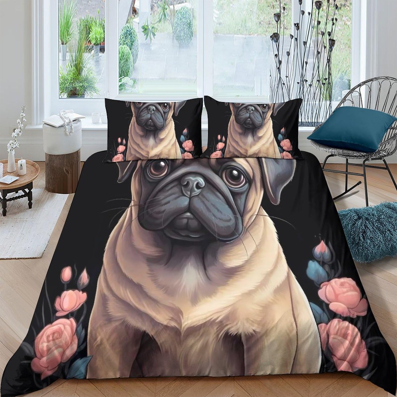 TUFRTGYHN 3D Printed Pug Dog Duvet Cover Microfiber Soft Breathable Floral Bedding Set with 2 Pillowcases for Bedroom Decor, Black Beige Single（135x200cm）
