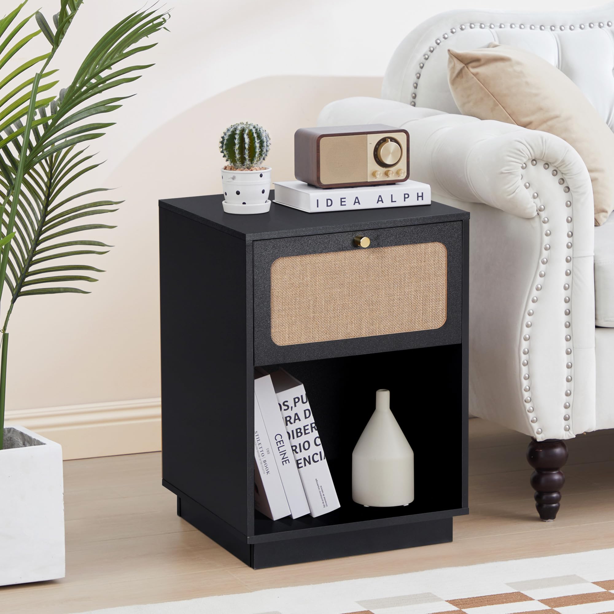 16" Wooden Night Stand with Drawer Linen Decor and Open Shelf, Modern Black Side Table, Small Bedside Table with Storage, Farmhouse Nightstand End