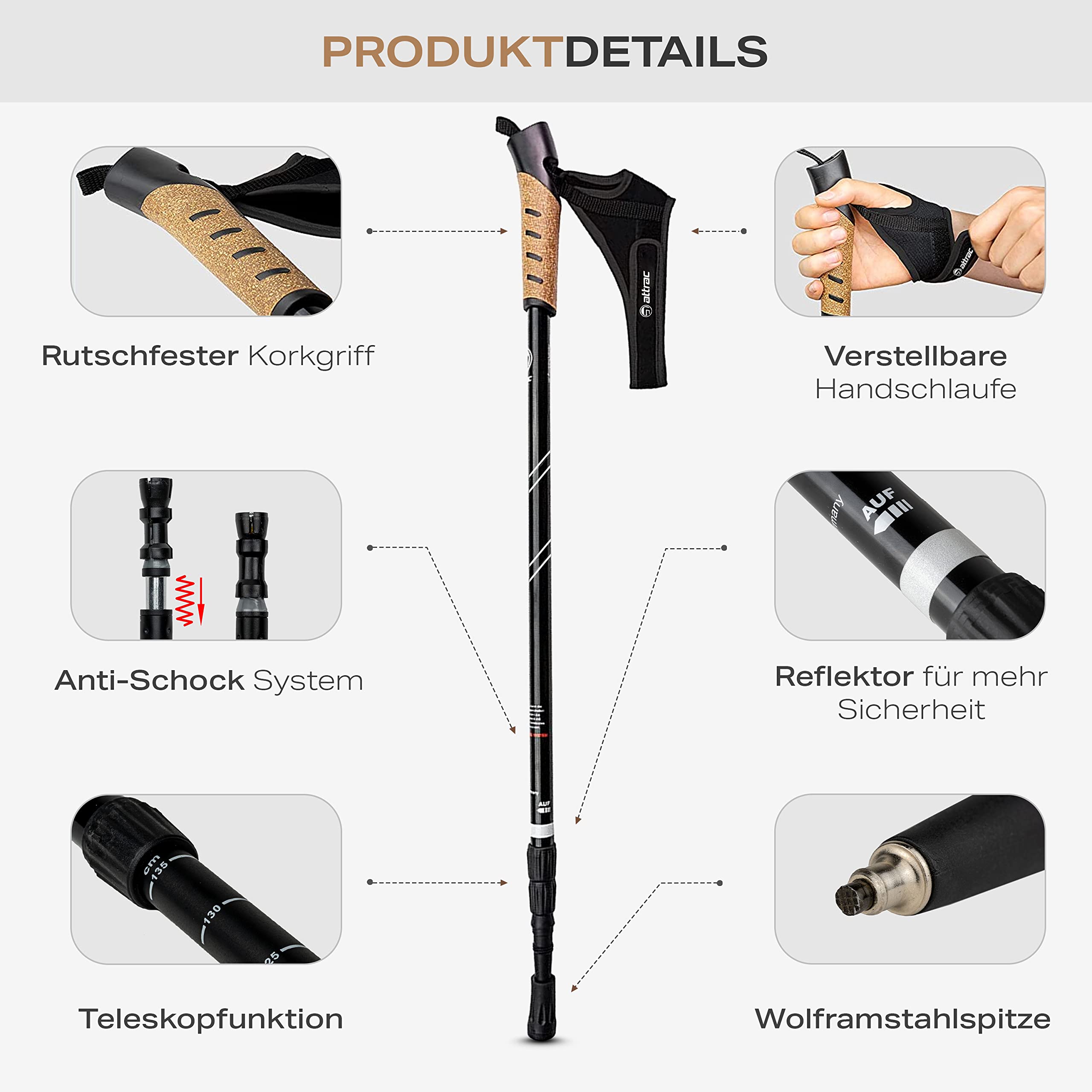 Attrac Nordic Walking Classic Wanderstöcke 69-136cm versch. Farben - Trekkingstöcke Aluminium Stöcke mit Anti-Shock Dämpfung - Teleskop verstellbar und leicht mit Workout und App I Opt. Tragetasche