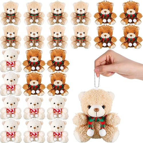 Zubebe Juego de 24 llaveros de peluche de oso de Navidad de 4.3 pulgadas, pequeños osos de felpa con bufanda desmontable para decoración de Navidad,