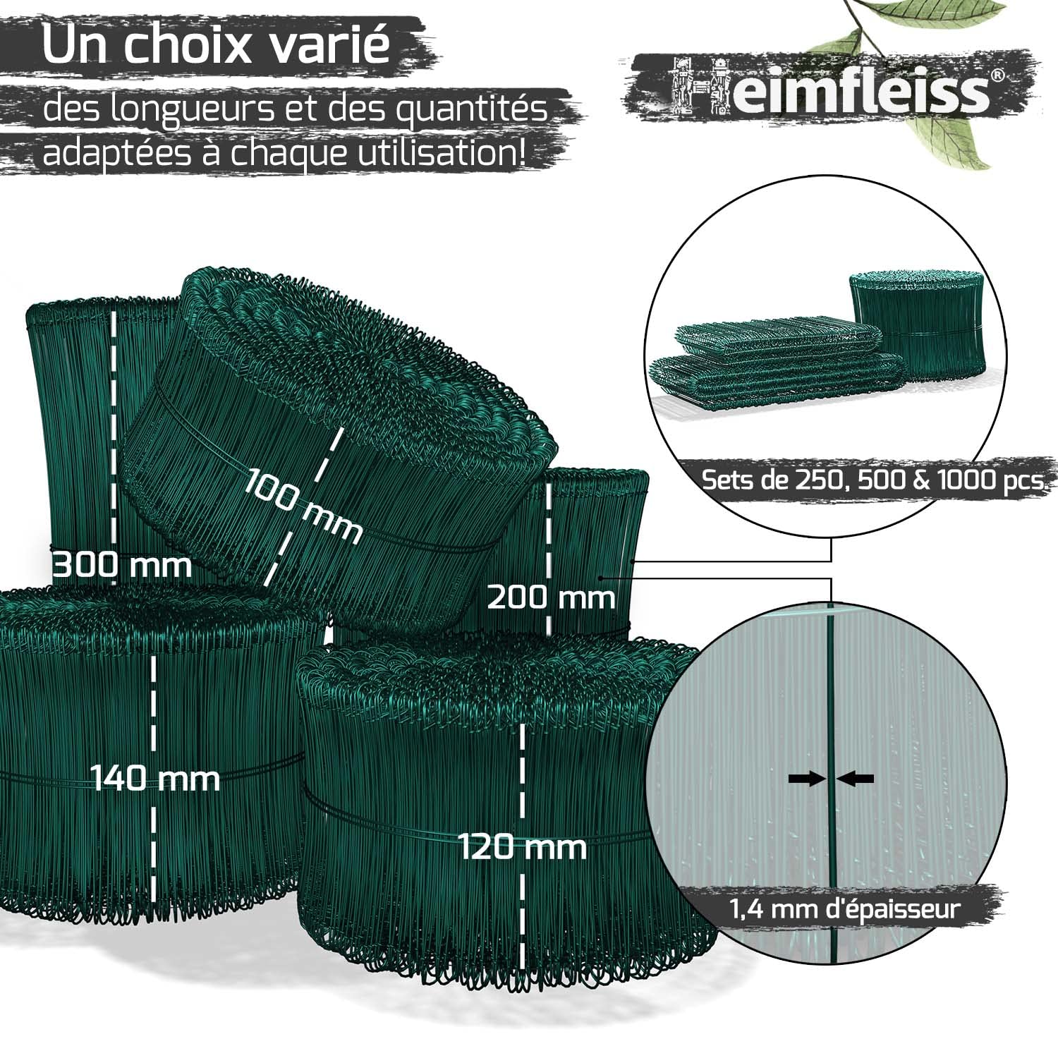 Heimfleiss® Lot de 1000 fils de liaison gainés en vert 1,4 x 100 à 300 mm (1000 pièces) – Fil de liaison en béton inoxydable et durable – Fil à œillets pour perceuse, pince à épiler et perceuse