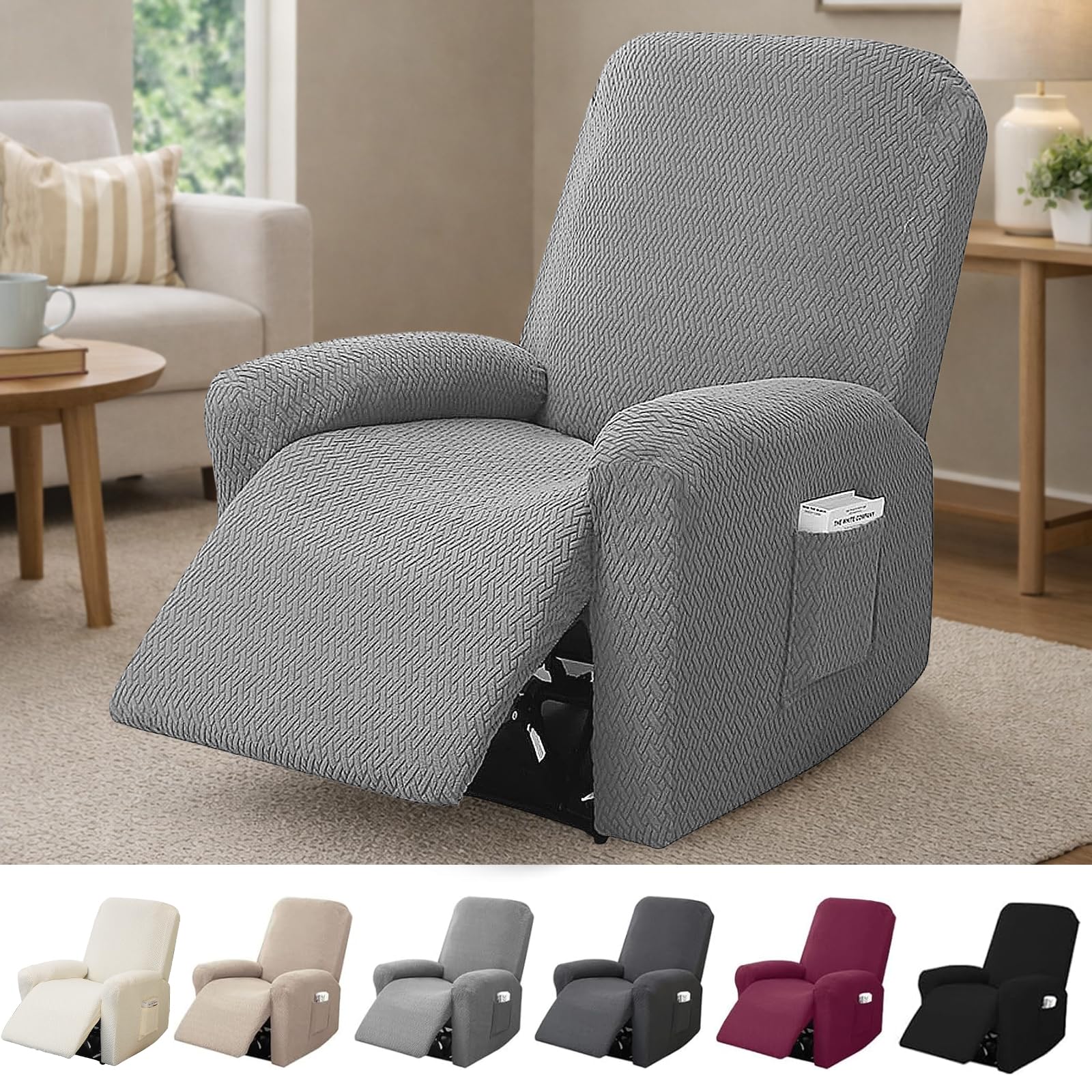 Funda Sillon Relax Reclinable 1 Plaza, Funda Sofa Relax con Bolsillos, Fundas Elástica de Jacquard a Rayas Diseño Todo Incluido para Sillón Reclinable (Gris Claro)