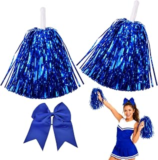 10 in Cheer Poms Set, 2Pcs Cheerleading Pom Poms with Large Cheerleader Hair Bow, Pompoms Cheerleading Accessories for Sport Events Dance Party Basketball Football Team Spirit Sports (Blue)
