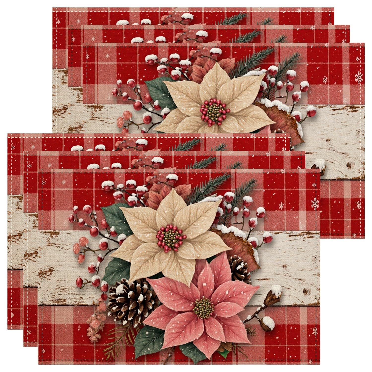 Christmas Poinsettia Placemats, Red Rustic Floral Place Mats for Dining Table, Winter Holiday Non-Slip Washable Indoor Outdoor Kitchen Party Decorative Placemat Set of 6