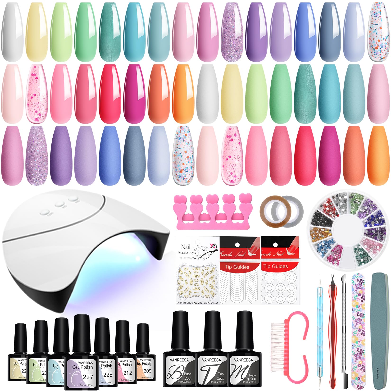 VANREESA 42 PCS Gel Nail Polish Set including U V Lamp 24 Colours Pastel Gel Nail Polish Set Pink Blue Purple Spring Colours Gel Nail Kit with Base Top Coat Salon Manicure Accessory Tools Gifts for Women