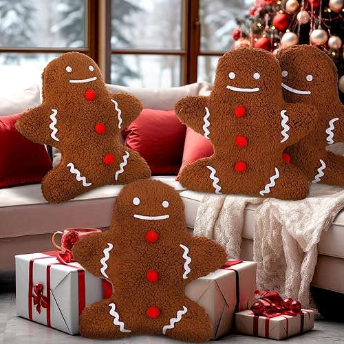 4 cojines de Navidad para fiestas de invierno, decoración para sofá, sofá, hombre de jengibre, almohada de Navidad rellena para fiestas al aire