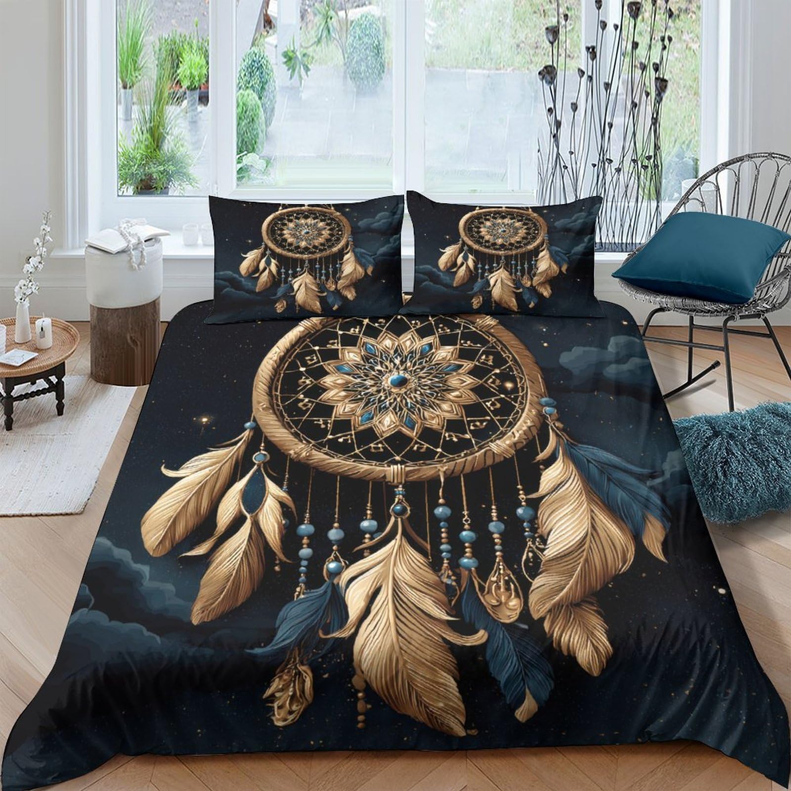 TUFRTGYHN 3D Printed Dreamcatcher Duvet Cover Microfiber Soft Breathable Feather Bedding Set Black Gold with 2 Pillowcases for Bedroom Home Decor Single（135x200cm）