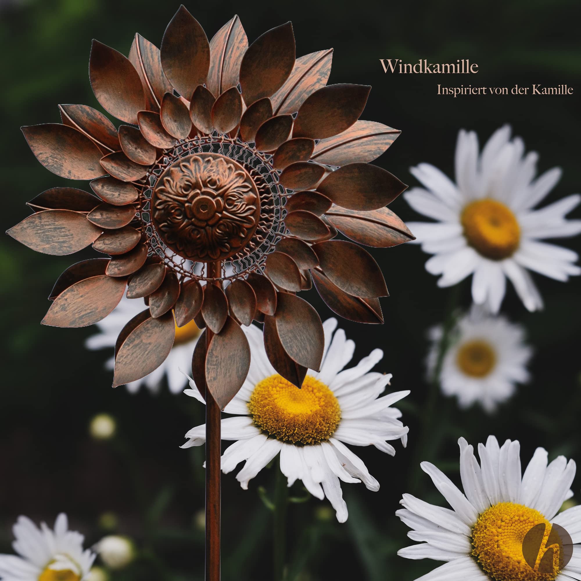 Windrad Windkamille 3D Optik Ø61cm. Windspiel für den Garten aus Metall. Windmühle mit Höhenverstellung dekorativ einzigartiger Blickfänger, wetterfest & UV-beständig Deko in Kupfer H: 187cm.
