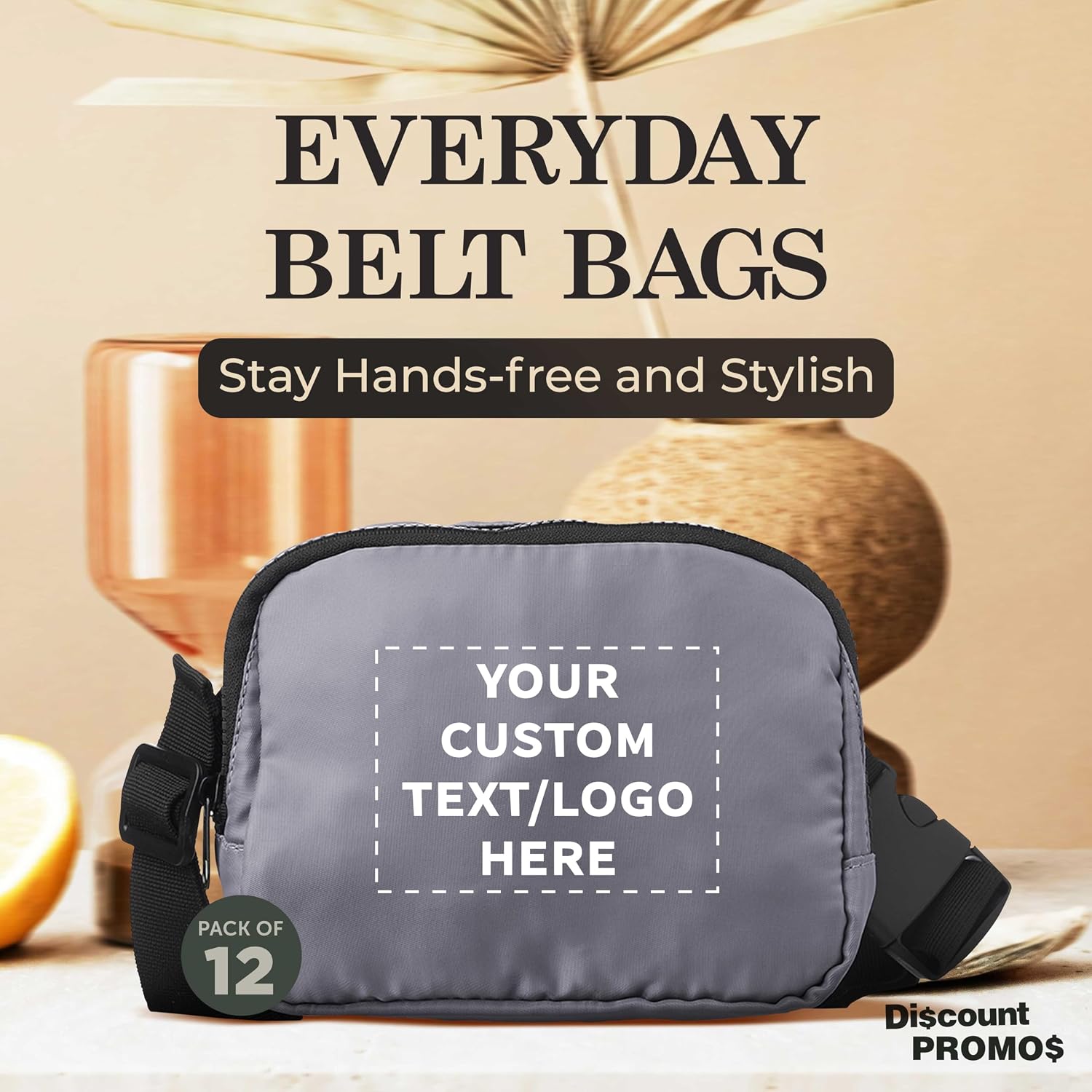 DISCOUNT PROMOS Custom Everyday Belt Bags Set of 12, Personalized Bulk Pack - Compact, Hands-Free, Stylish, Perfect for Travel, Sports, Daily Use - Grey