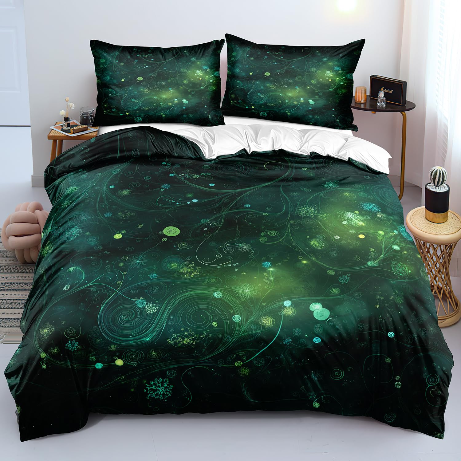 Housse de Couette Vert Floral Parure de Lit Luxueuse 260x240 cm