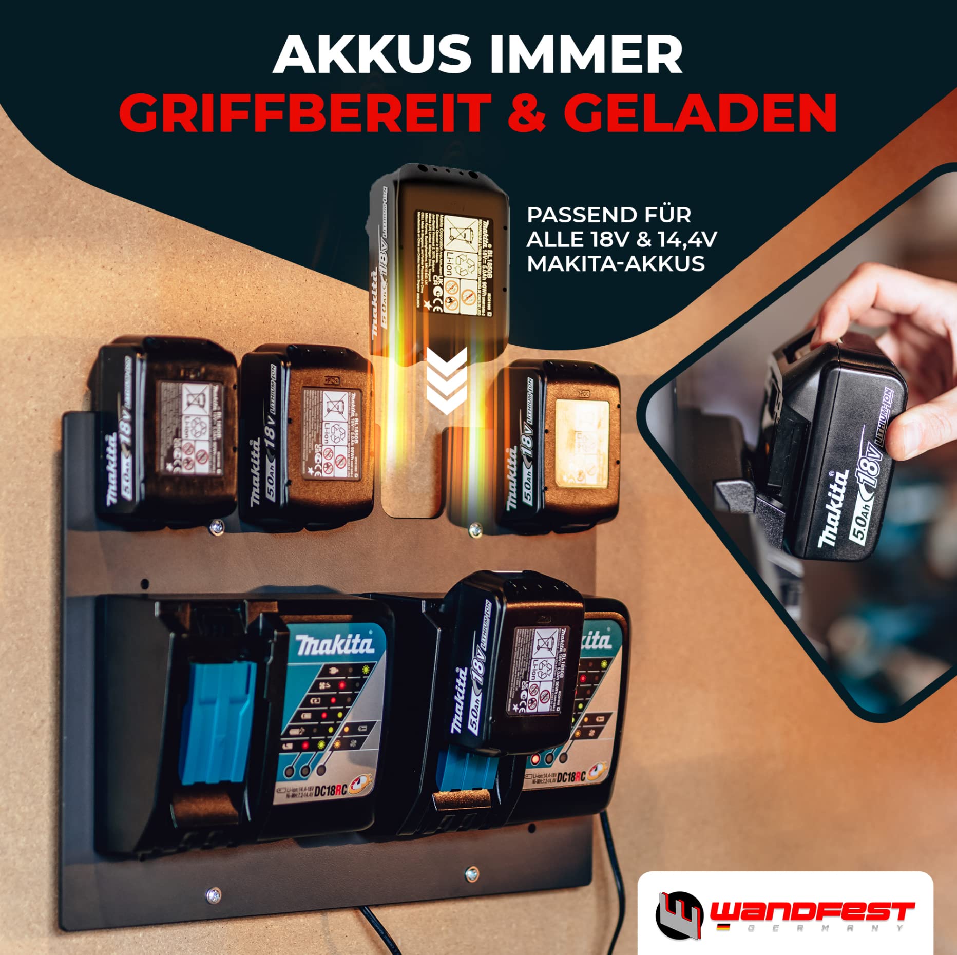 Wandfest® Uchwyt ścienny do akumulatorów i ładowarek Makita | w zestawie materiał mocujący [Made in Austria] uchwyt na akumulator na 1-4 akumulatory | teraz więcej porządku w warsztacie i garażu