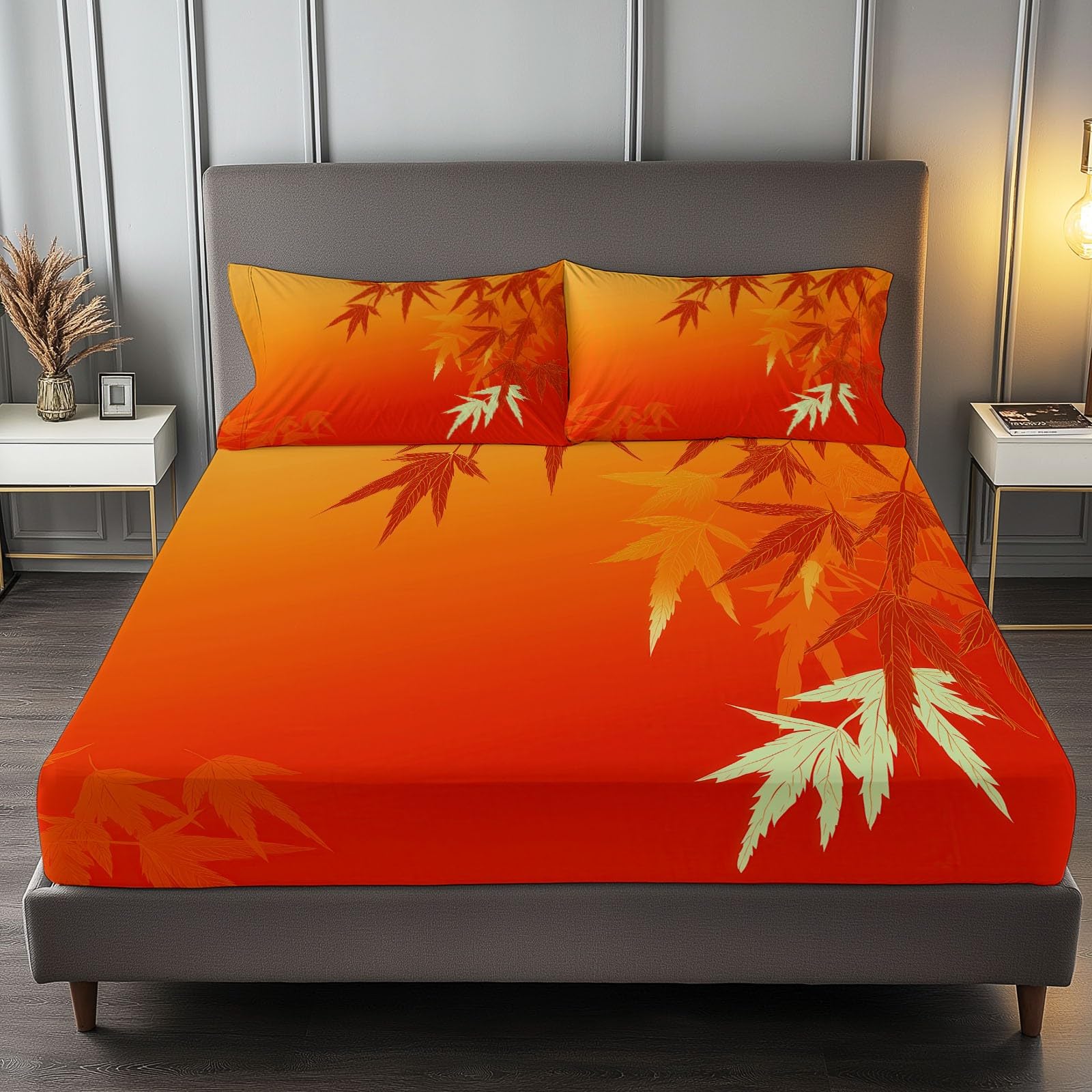 Couleur Orange Drap Housse 180 x 200 cm Microfibre Brossée, Bambou dans l'art Traditionnel Chinois avec Rebord Élastique Protège Matelas Amovible, Literie de Chambre, adapté aux Matelas 180x200 cm