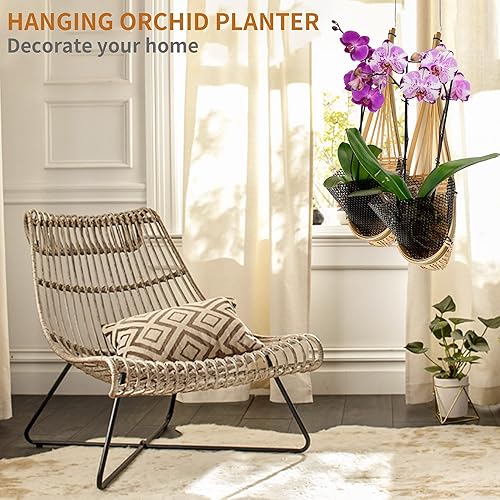 Miniatura 6 de Macetero colgante para orquídeas, paquete de 6 cestas colgantes de orquídeas tejidas de bambú tailandés de 5 pulgadas con gancho de metal,