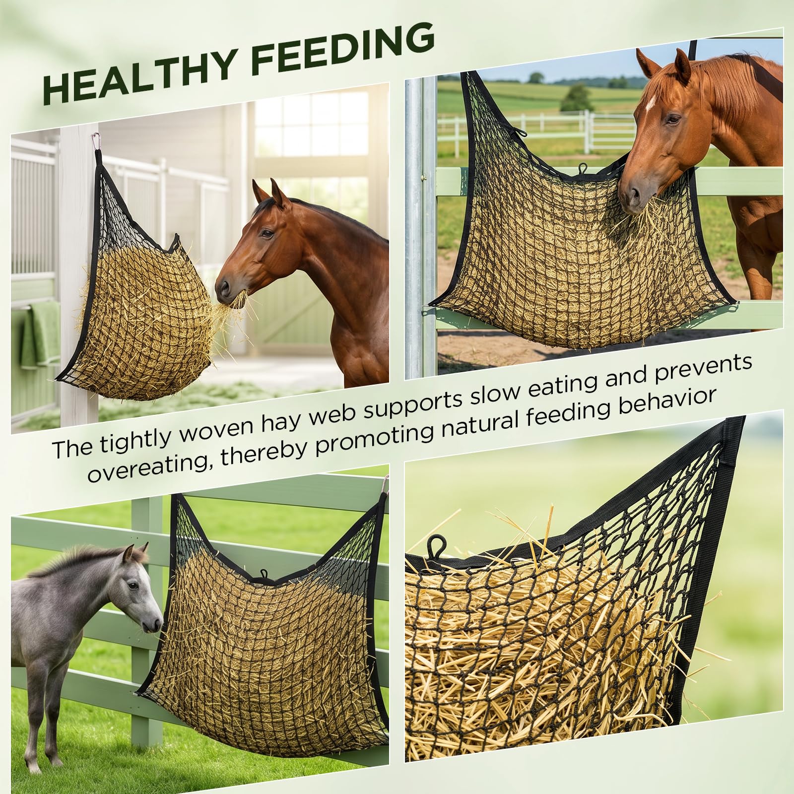 2 Stück Heunetz für Pferde,90x120 cm,Heutasche Pferd,extra engmaschig 3cm,4X Karabiner,Verbessern Sie die Verdauung und Gesundheit der Tiere