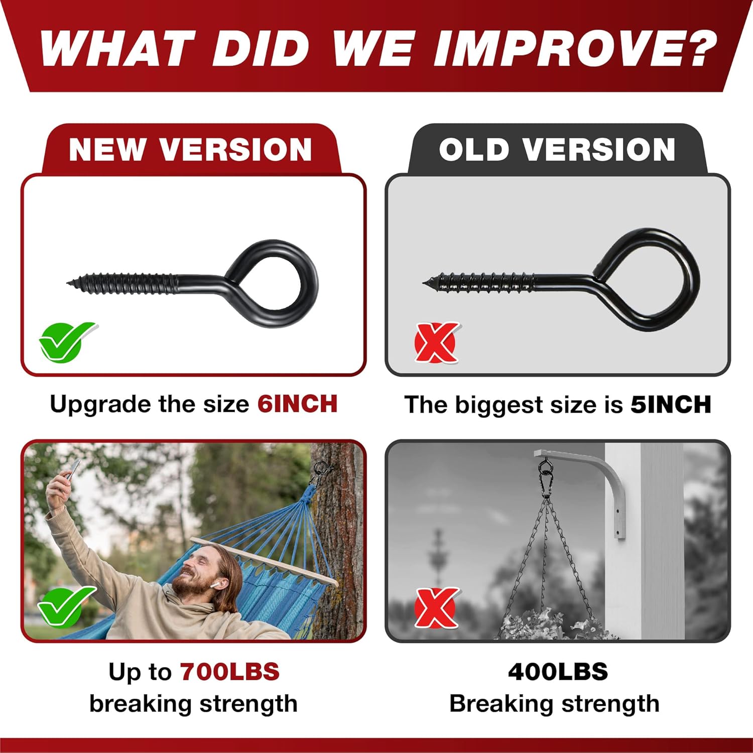 6 Inch Heavy Duty Black Screw Eyes Hooks, 700LBS Breaking Strength, 4PCS Self Tapping Eyelet Screw Eye Bolts, Screw in Eye Hooks for Wood Securing Cables Wire, Heavy Indoor & Outdoor Uses - Image 6