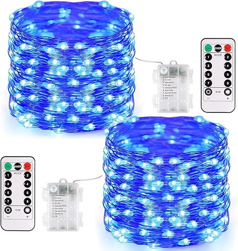 Vista 104 de JMEXSUSS Paquete de 2 luces de hadas azules que funcionan con pilas, 100 luces LED azules de 33 pies impermeables con temporizador remoto, luces
