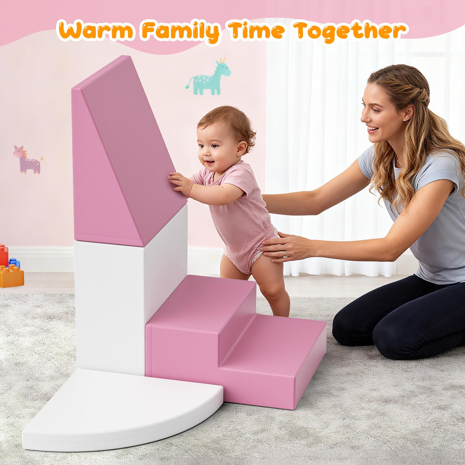 Lot de 4 blocs de construction en mousse pour enfants, grands blocs de construction souples pour grimper, ramper et jouer, escalader bébé à l'intérieur, antidérapants et stables (rose et blanc