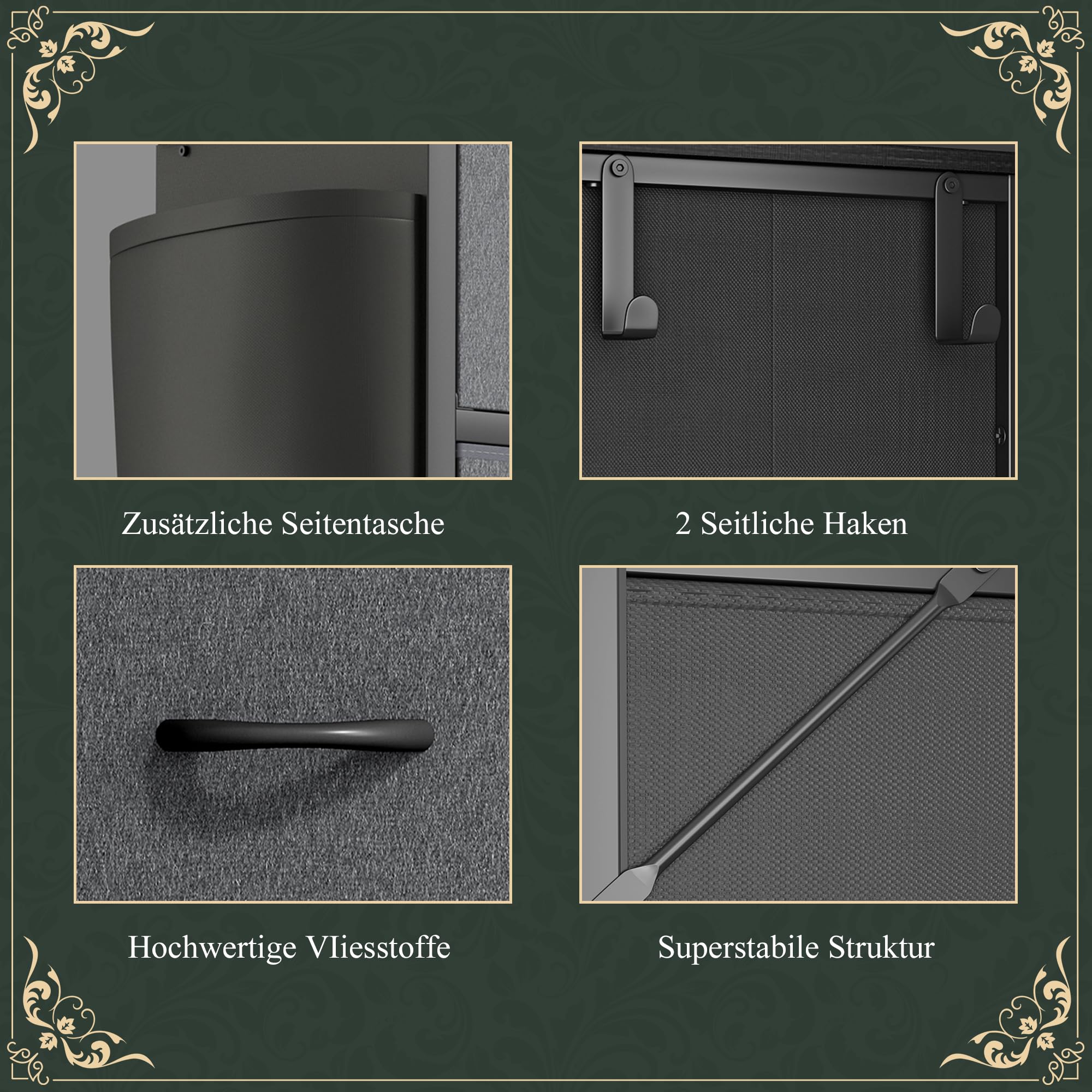 Kommode mit 10 Stoffschubladen, Komodenschrank mit Seitentaschen und Haken, Holzplatte und Metallrahmen, Stoffkommode für Schlafzimmer, Wohnzimmer, Flur, Kinderzimmer (Dunkelgrau)