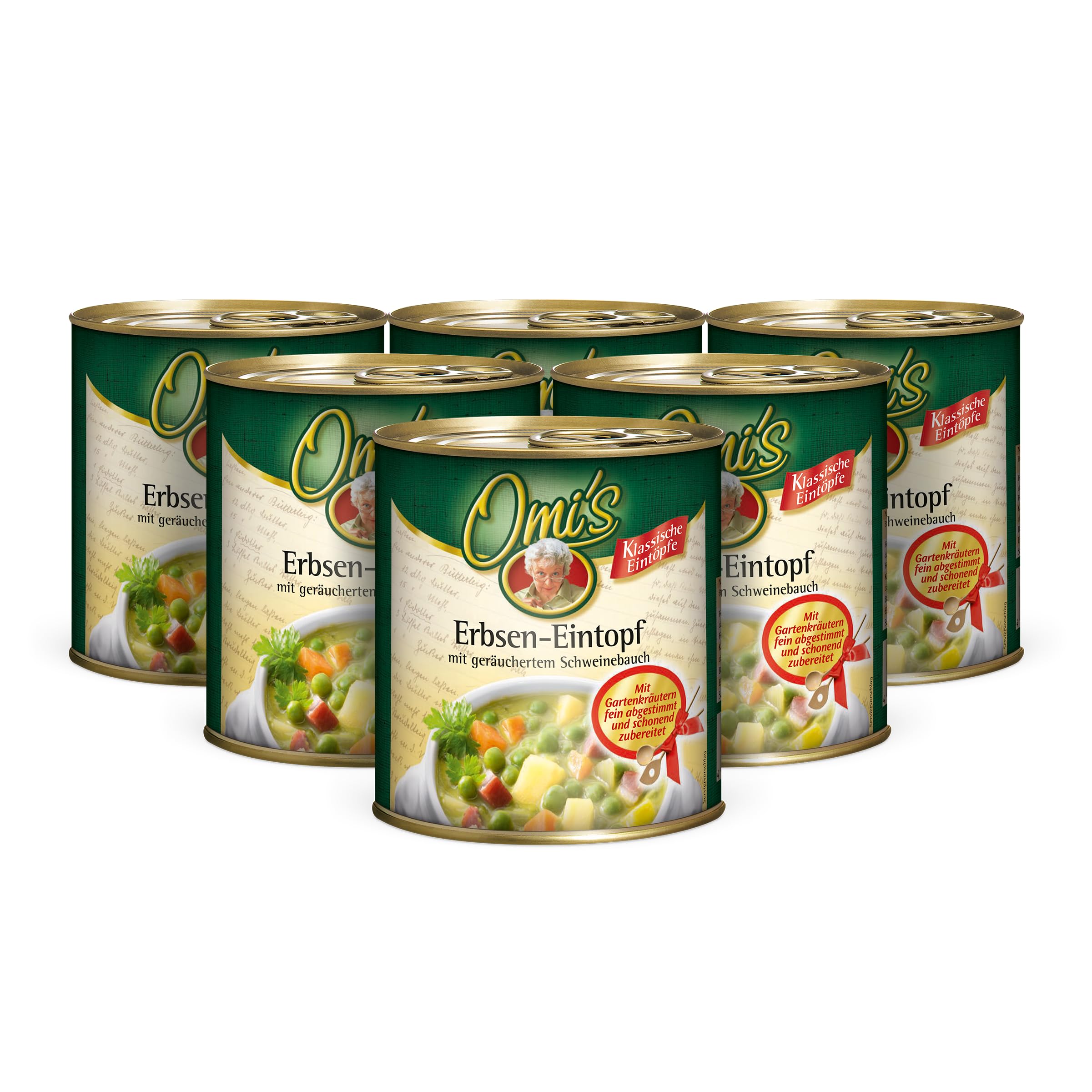 Buss Omi’s klassischer Erbseneintopf - Traditionelle Erbsensuppe mit Kartoffeln, Karotten und geräuchertem Schweinebauch - Schnelle Fertiggerichte zum Aufwärmen in Mikrowelle & Topf - 6 x 800g