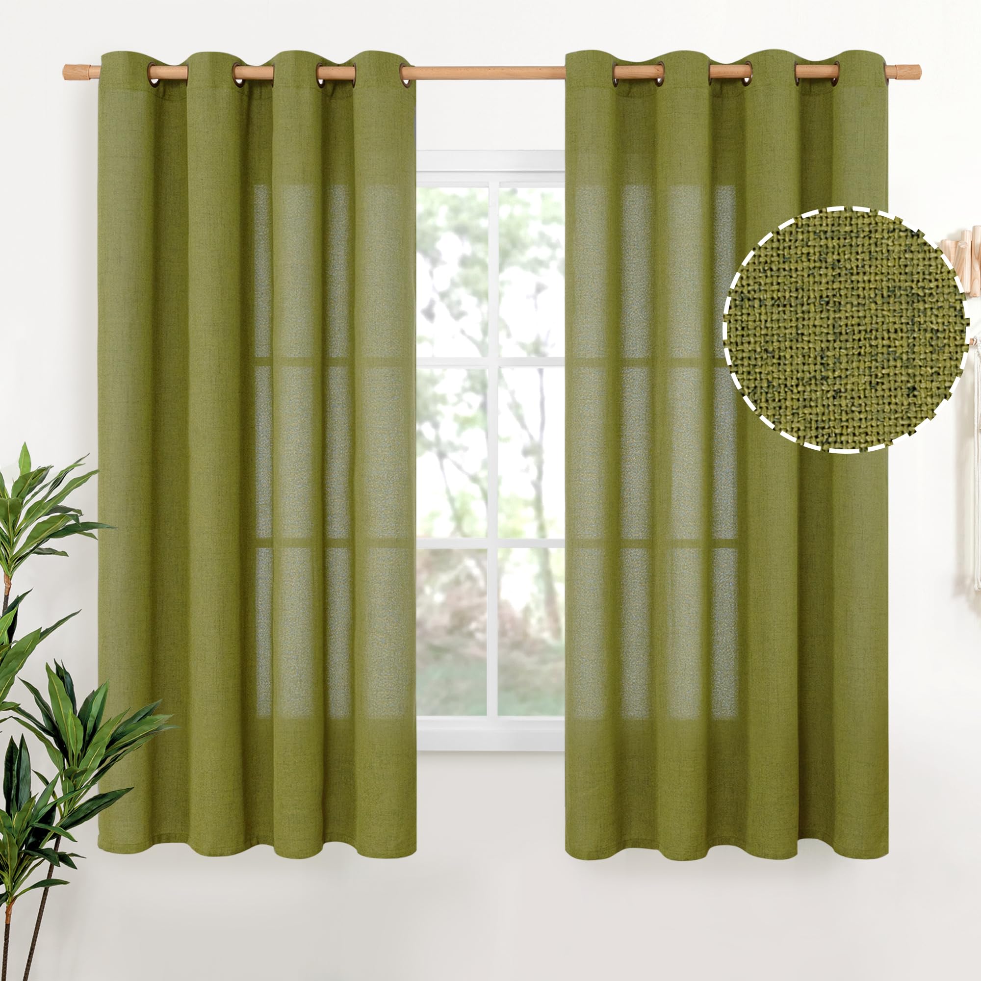 YoungsTex Olive Green Linen Curtains 63 Inches Length 2 Panels Textured Window Drapes with Bronze Grommet Privacy Light Filtering for Living Room
