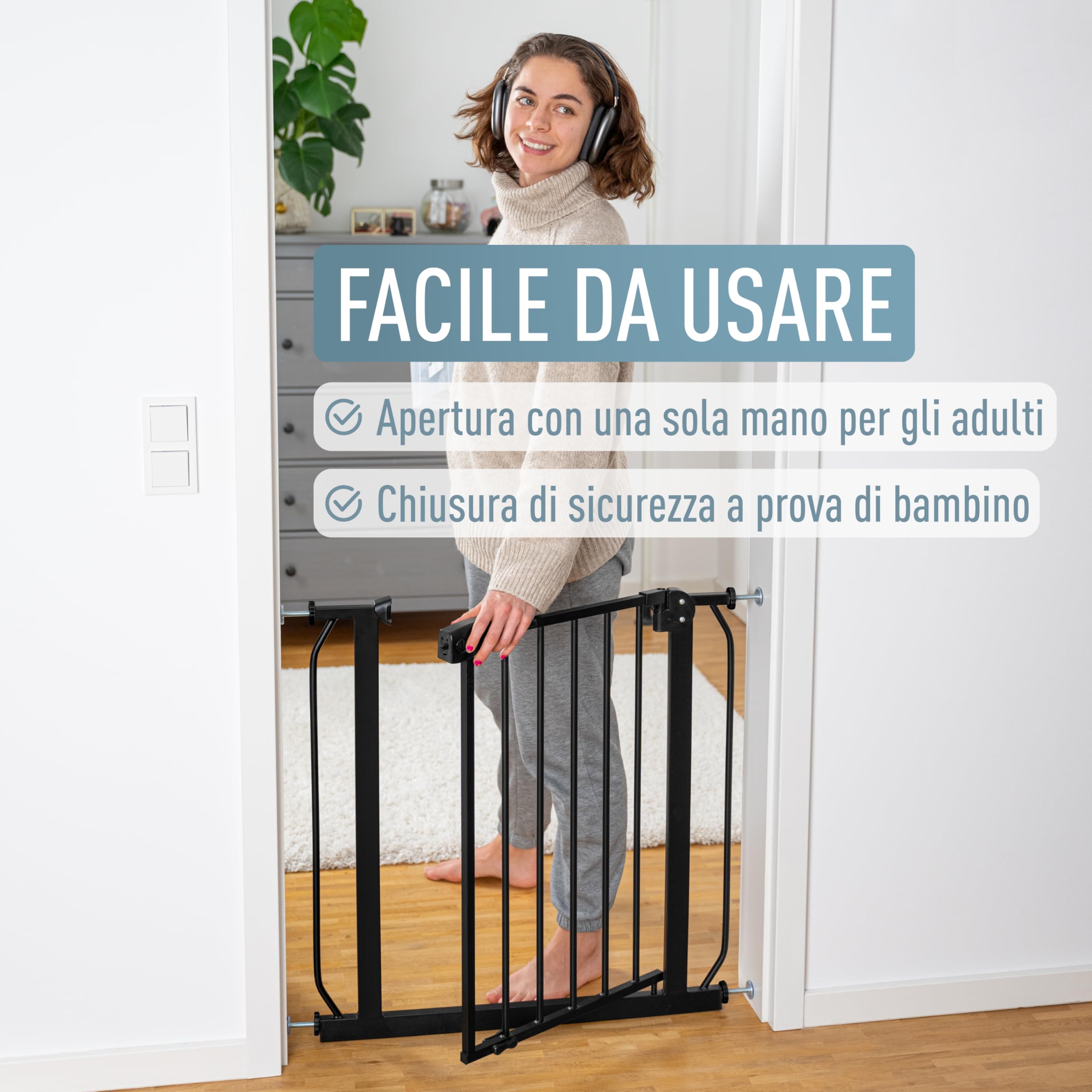 ib style Cancelletto per Bambini di Sicurezza Berrin XXL - Scale e Porte, Senza forature, Metallo, Barriera Protettiva, Anche per Cani e Animali Domestici, Nero, Larghezza: 85-95 cm