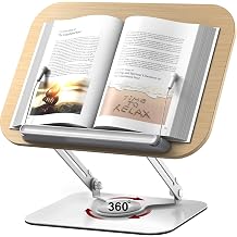 Adjustable Book Stand for Reading Durable Build Quality, 360 Rotating Base, Stable Book Holder for Study, Kitchen, or Office, Relieves Neck Strain, Dark Wood
