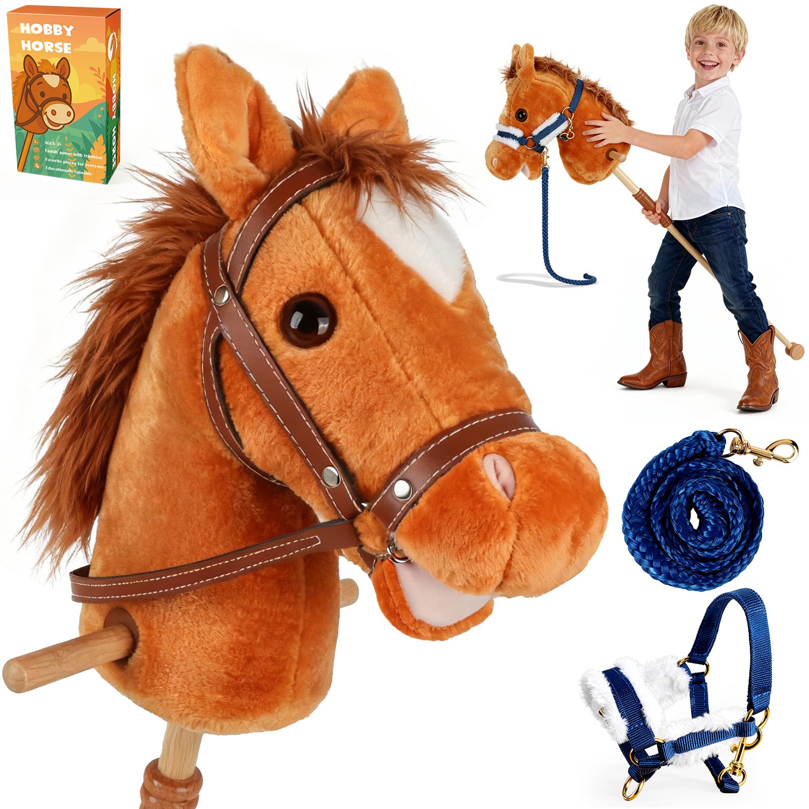 IEEILULU Hobby Horse, Steckenpferd Kinder Braun, Holzpferd für Draußen mit Hobby Horse Trense, Räder und Griffe für Garten, Geburtstag & Reitspiele (Braun)
