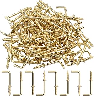 Metal Screw in Hooks, 100pcs 3/4 Inch Right Angle Screw Hooks Square Bend Hooks Self - Taping Scew Hook for Hanging, Gold