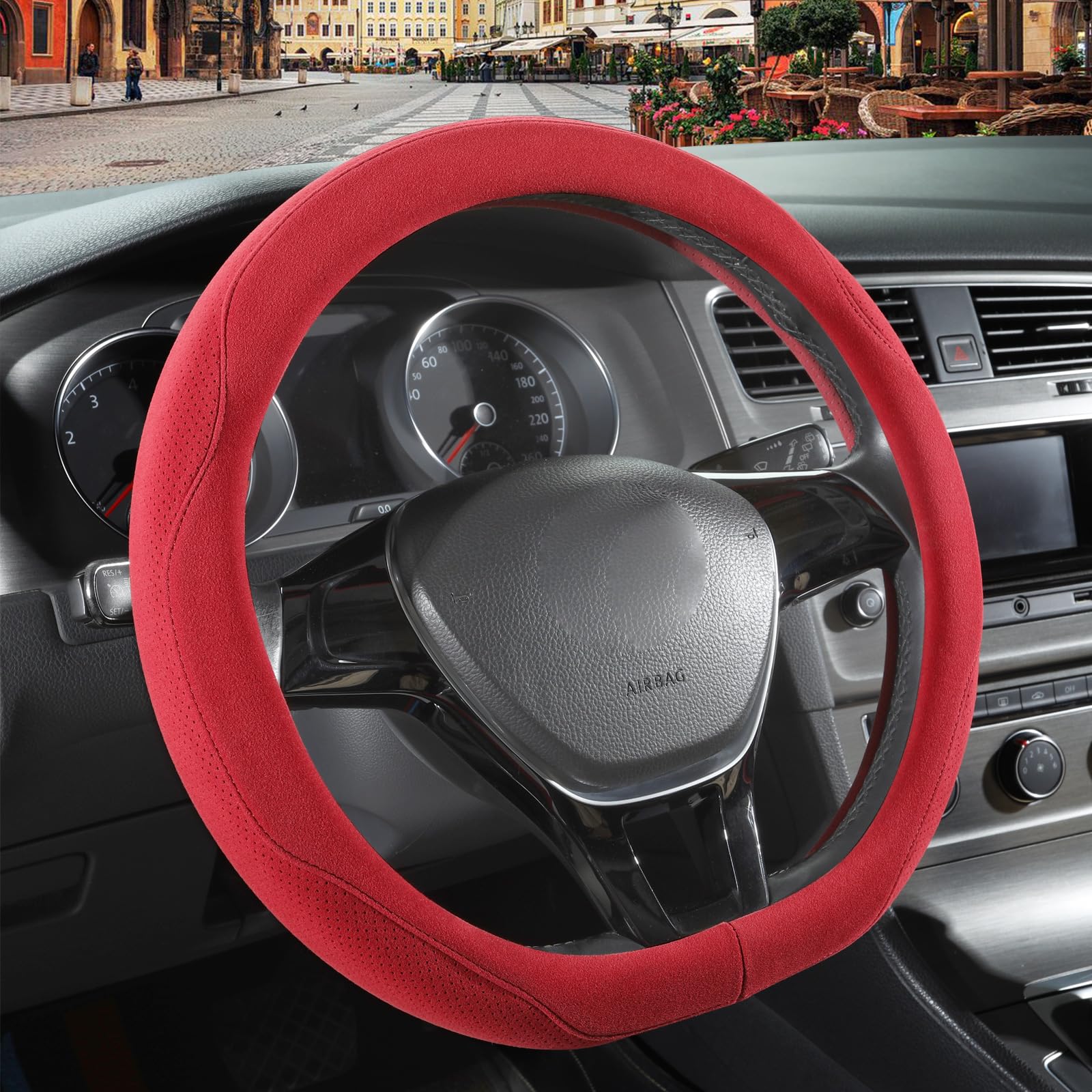 Red Suede D Shaped Steering Wheel Cover 14.5 inch to 15 inch | Warm in Winter and Cool in Summer, Universal Felt Car Accessories, Breathable Non-Slip Sweat-Proof Wear-Resistant-picture-15