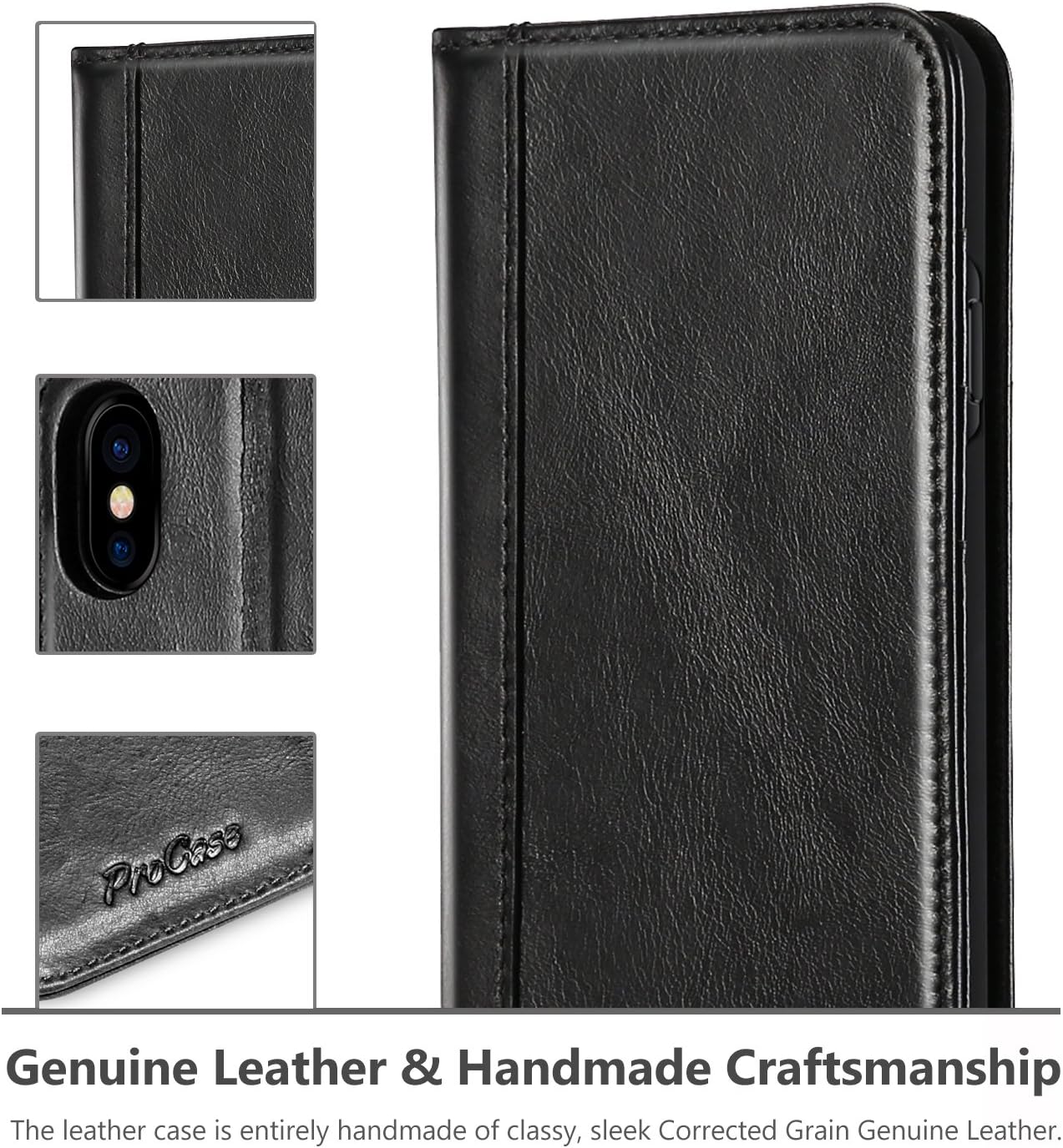ProCase iPhone Xs/iPhone X Genuine Leather Case, Wallet Case Flip Cover with Kickstand Card Slots Magnetic Closure with Auto Sleep/Wake Function for Apple iPhone Xs (2018) / iPhone X (2017) –Black