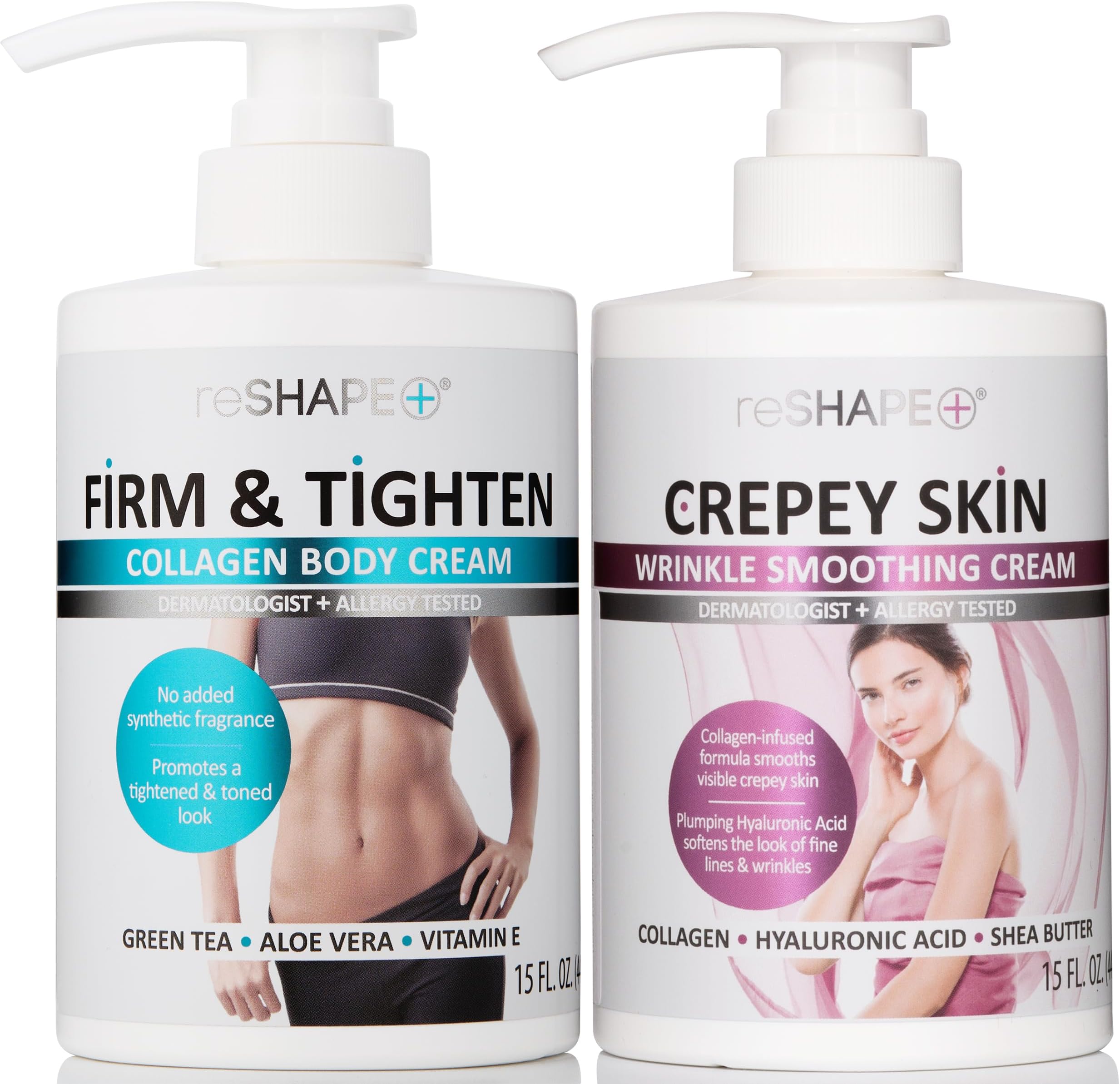 Reshape Collagen Body Cream + Crepey Skin Treatment Lotion Moisturizer Skin Care Set, Crepey Skin Cream Targets Wrinkles & Sagging Skin While Collagen Hydrates + Tightens Skin, 15 Fl Oz (Pack of 2)