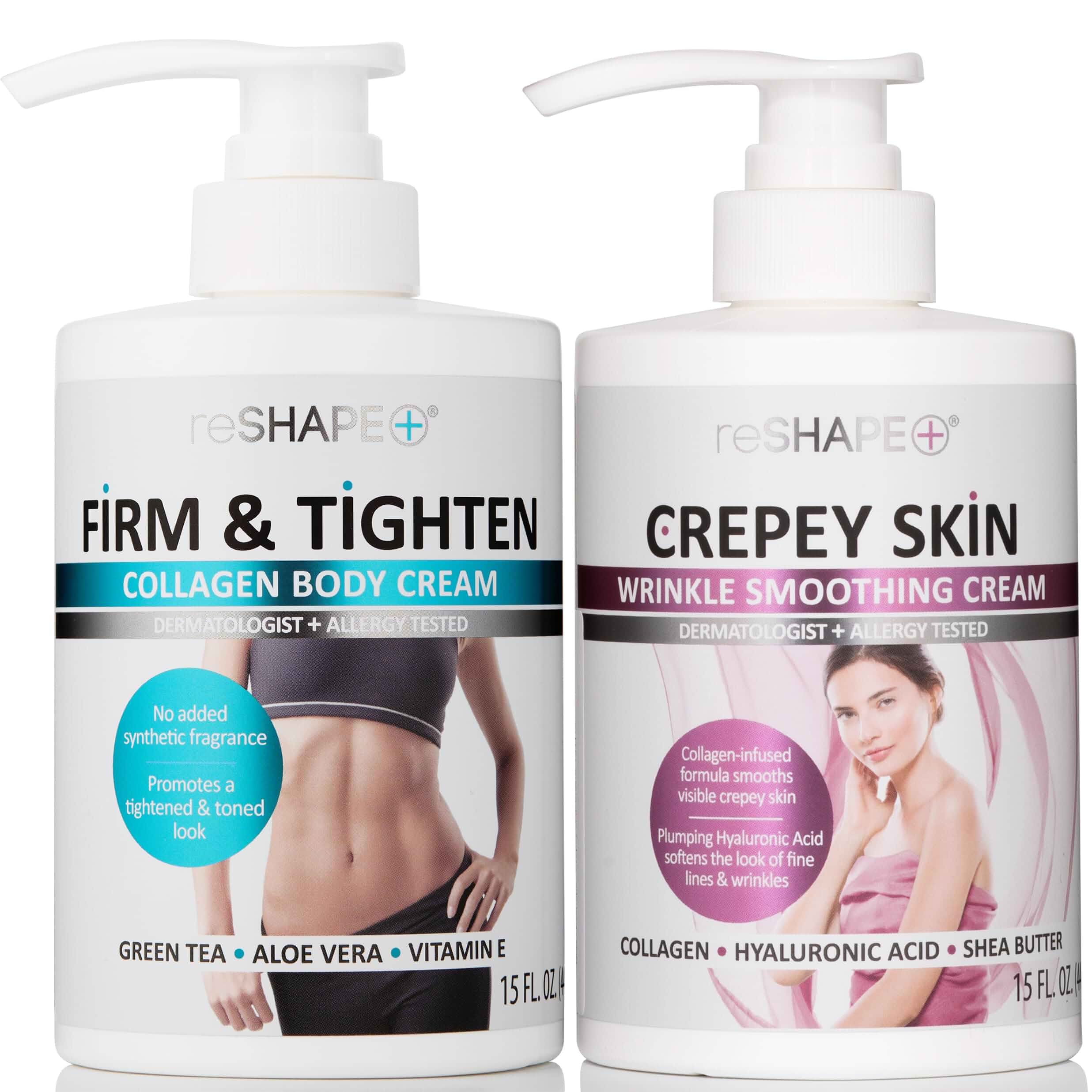 Reshape Collagen Body Cream + Crepey Skin Treatment Lotion Moisturizer Skin Care Set, Crepey Skin Cream Targets Wrinkles & Sagging Skin While Collagen Hydrates + Tightens Skin, 15 Fl Oz (Pack of 2) 15 Fl Oz (Pack of 2)