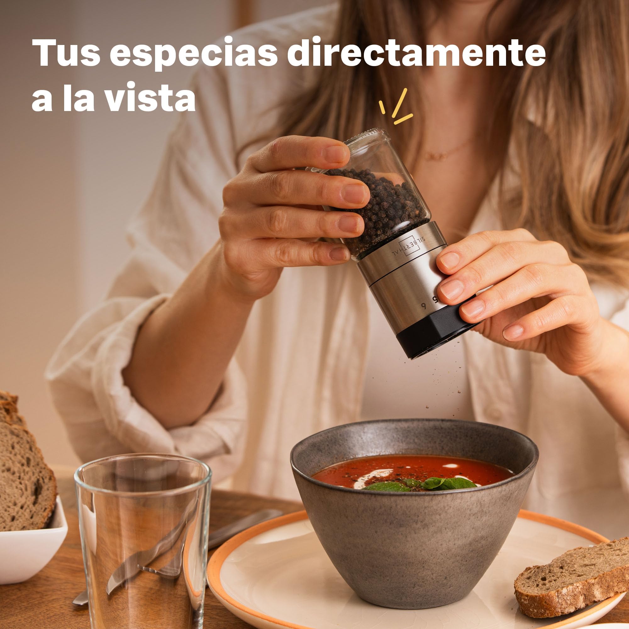 SILBERTHAL Molinillo de pimienta y sal - Ajustable a 6 niveles - Muela cerámica - Tapa hermética y cristal apto para lavavajillas