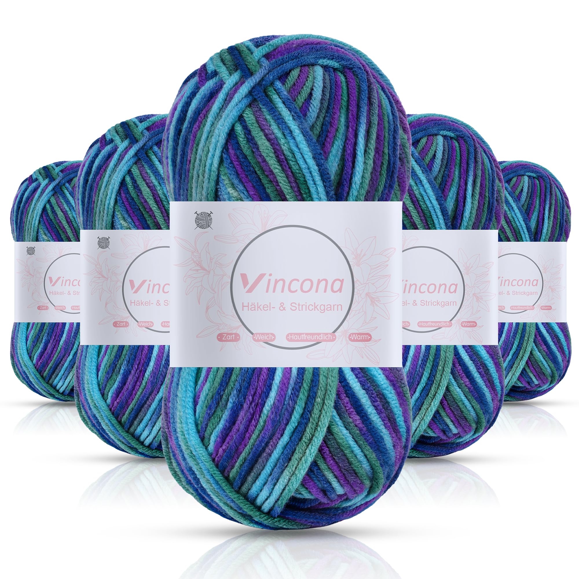 Vincona Häkelgarn，5x50 g Wolle zum Häkeln，Bunt Farbverlauf Acrylgarn zum Häkeln，Wolle zum Häkeln und Stricken, Handstrickgarnsets Geeignet zum Stricken von Puppen, Pullovern, Schals, Mützen