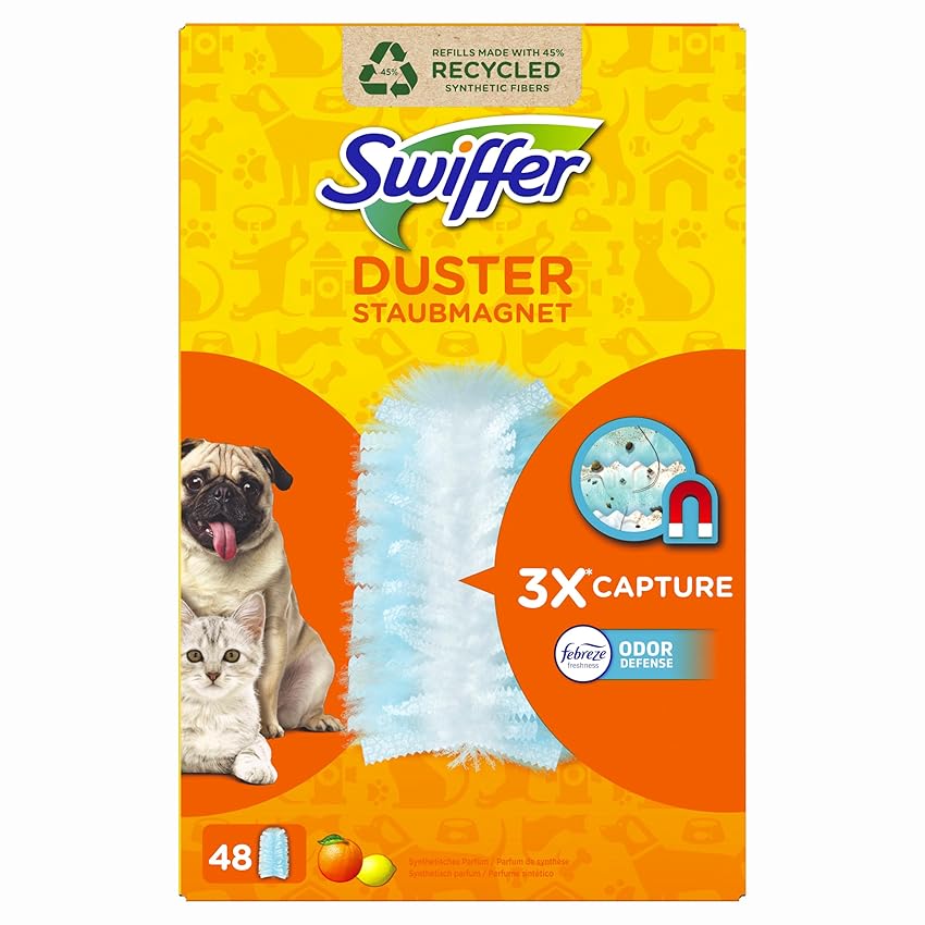Immagine del prodotto Swiffer Duster Piumini Catturapolvere, 48 Piumini, Cattura e Intrappola Polvere e Sporco, Raggiunge I Punti più Difficili della Casa, Piumini con 33% di Fibre Riciclate