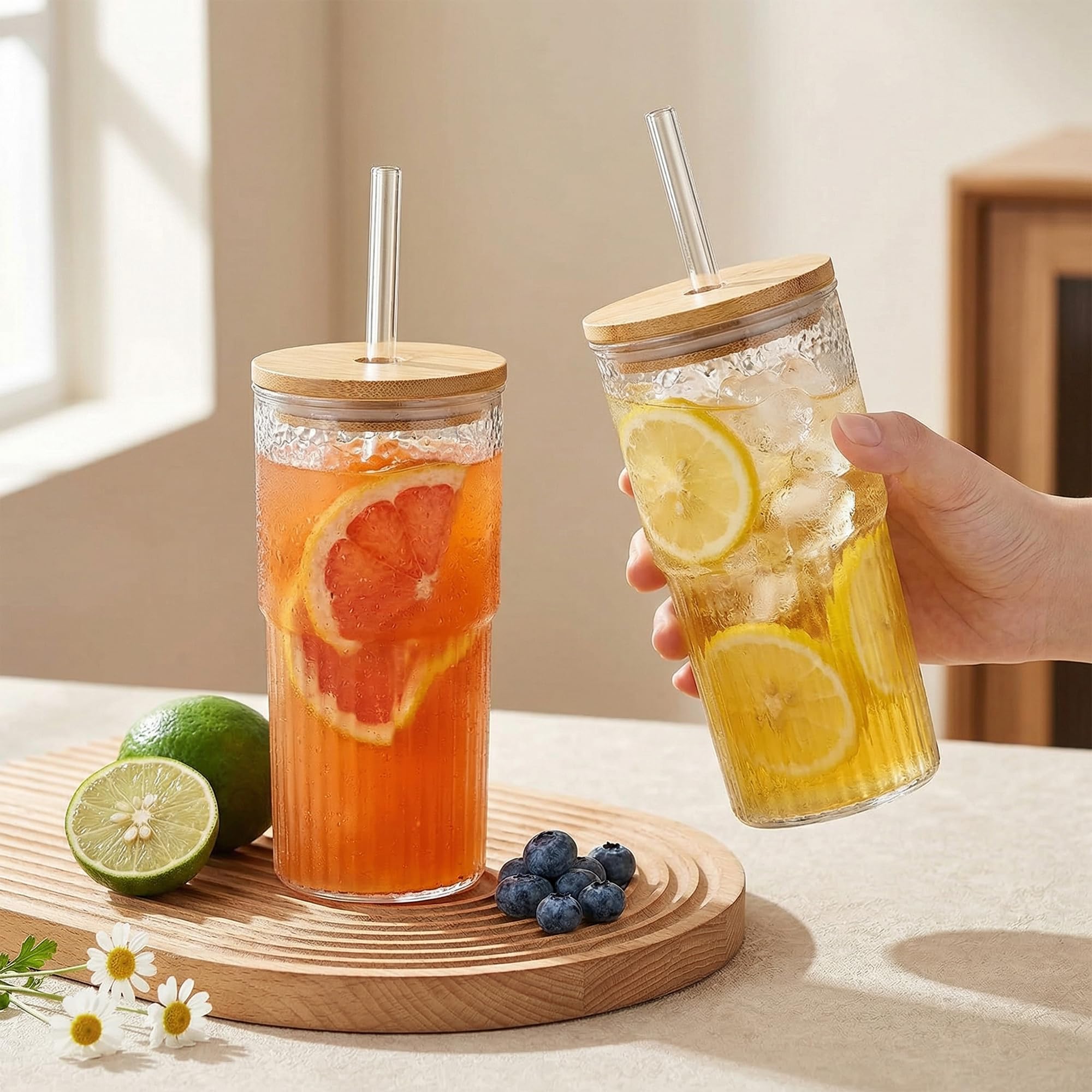 VITEVER 2 vasos de agua de cristal transparente a rayas con tapa, vasos acanalados, vasos de café helado, juego de vasos largos, vasos de cristal, vasos de té de burbujas (22 oz)