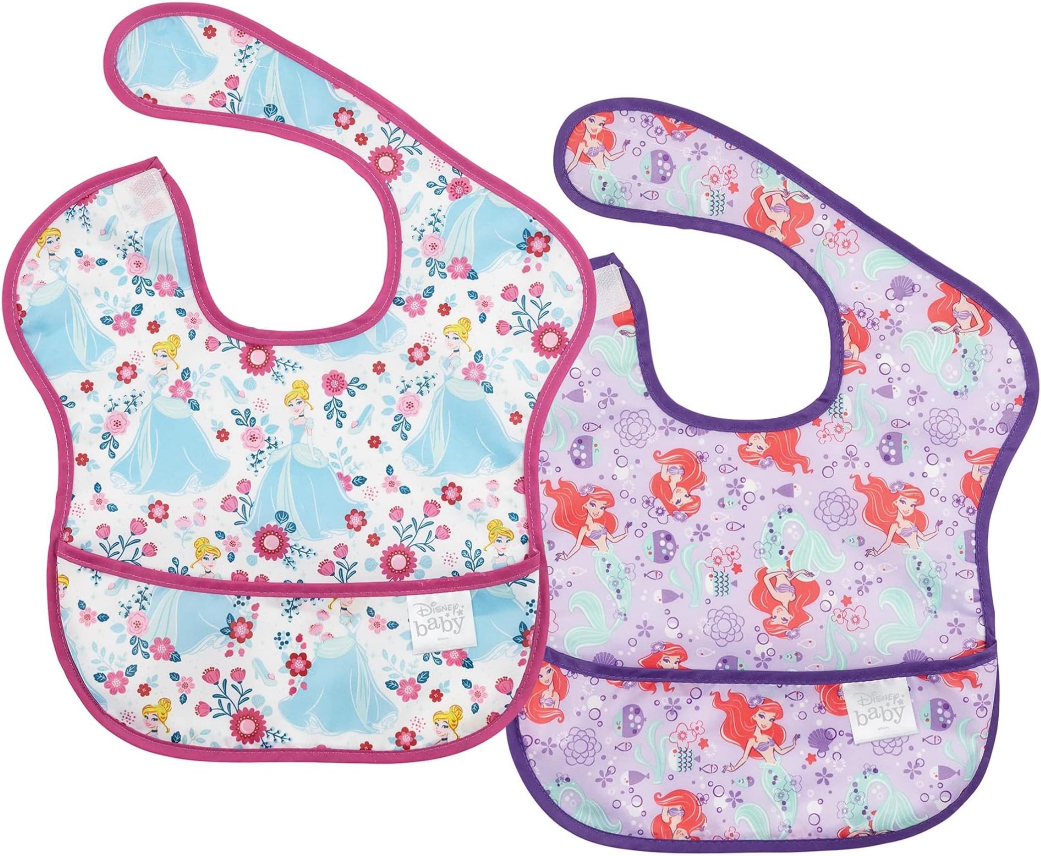 Bumkins Disney Collaboration Bib Series, Set of 2 Oil-Repellant Bibs, Super Bib, Soft, Lightweight, Machine Washable and Quick Drying, Waterproof for Meals, 6 - 24 Months