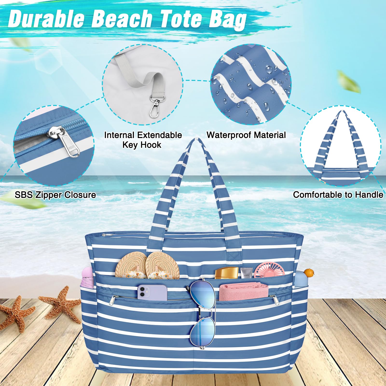 WACCET Borsa Mare Donna Grande, Borsa Spiaggia Donna Impermeabile con Zip Borse Mare Grande XXL Famiglia 50L Pieghevole Leggera Borse Beach Tote Bag per Spiaggia, Viaggio, Vacanza, Piscina