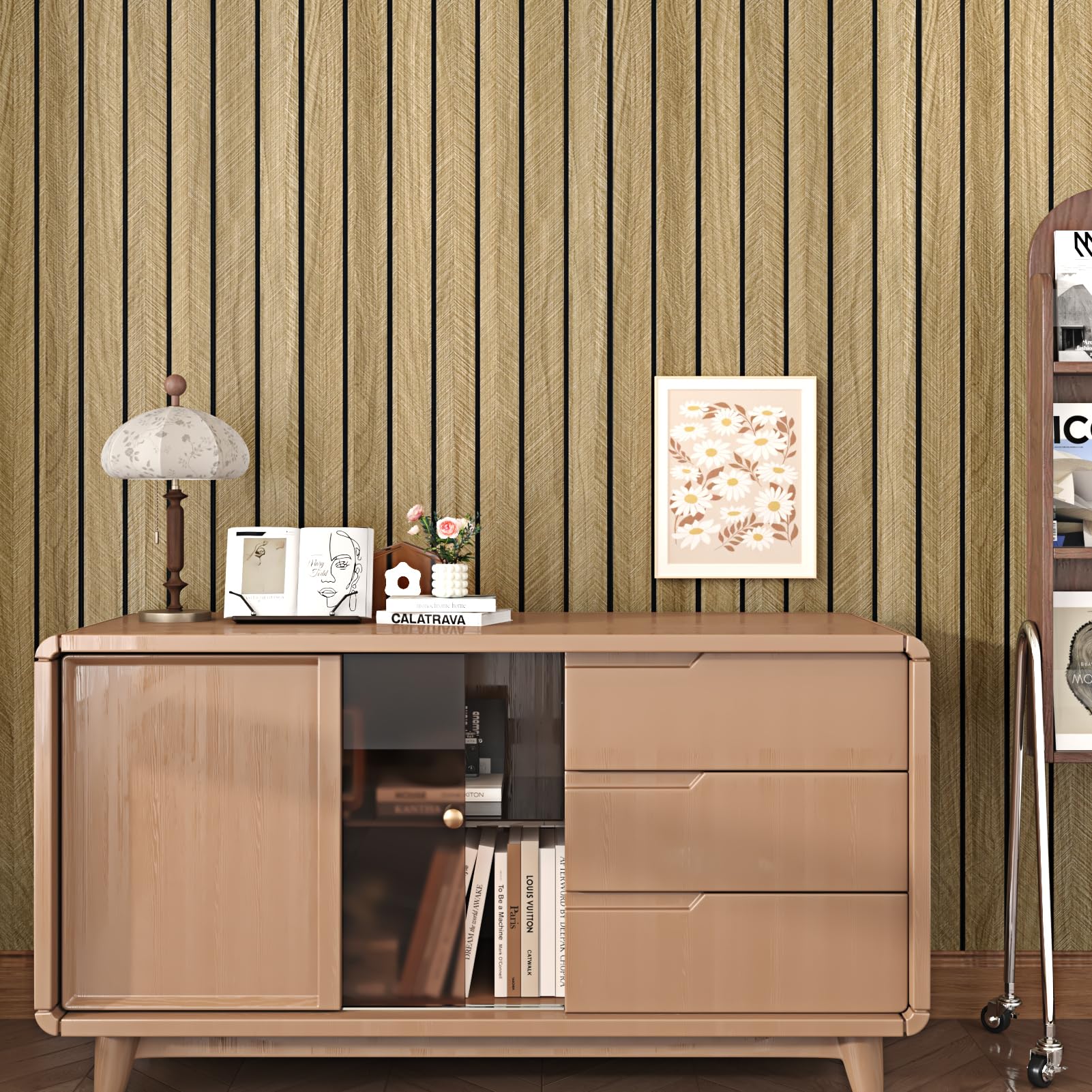Paneles de pared 3D de grano de madera marrón para despegar y