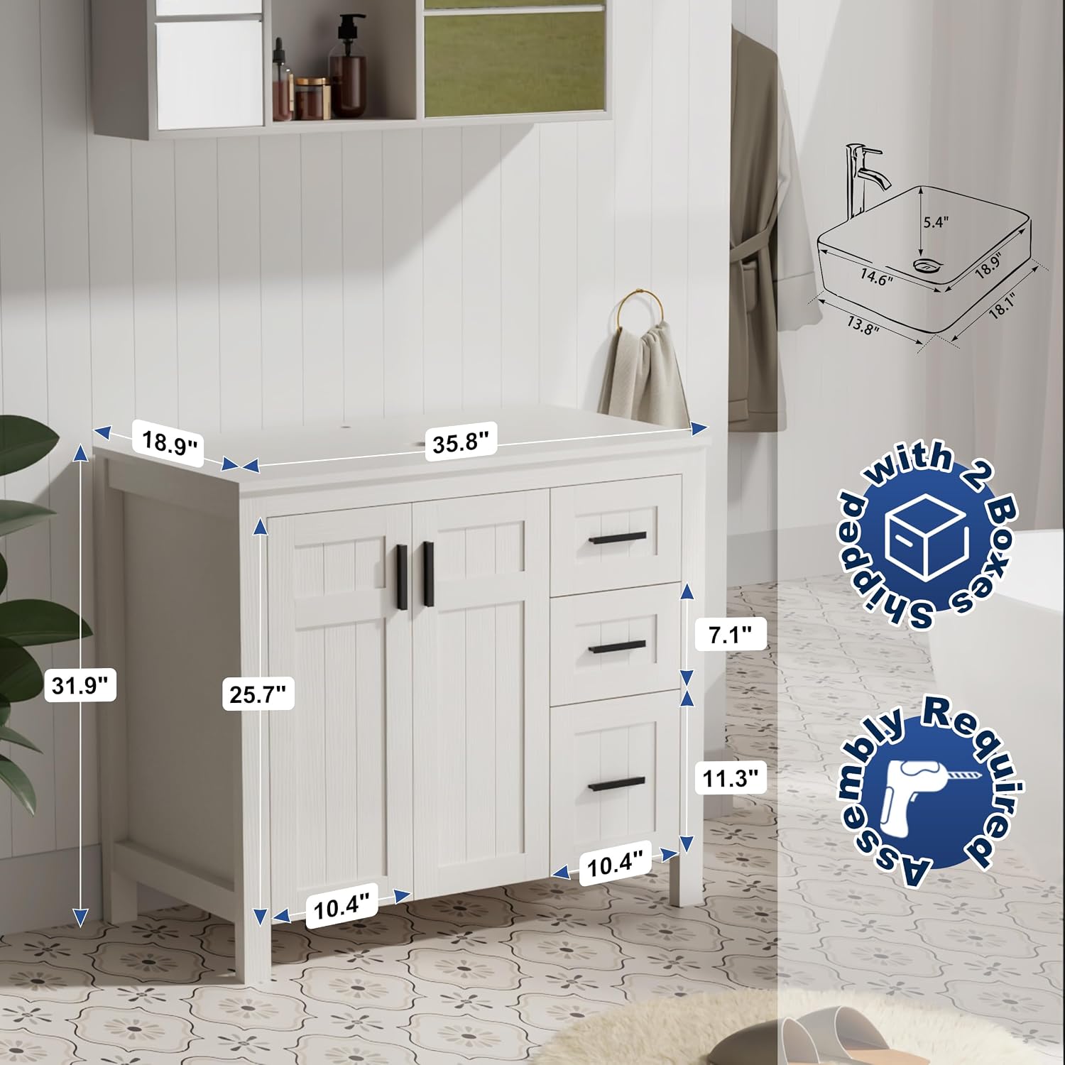 eclife 36" Bathroom Vanity with Sink Combo, Modern Freestanding Cabinet with Soft Closing Grooved Doors and Drawers, Vessel Sink Top, Faucet & Pop Up Drain (White Black, 36" White)