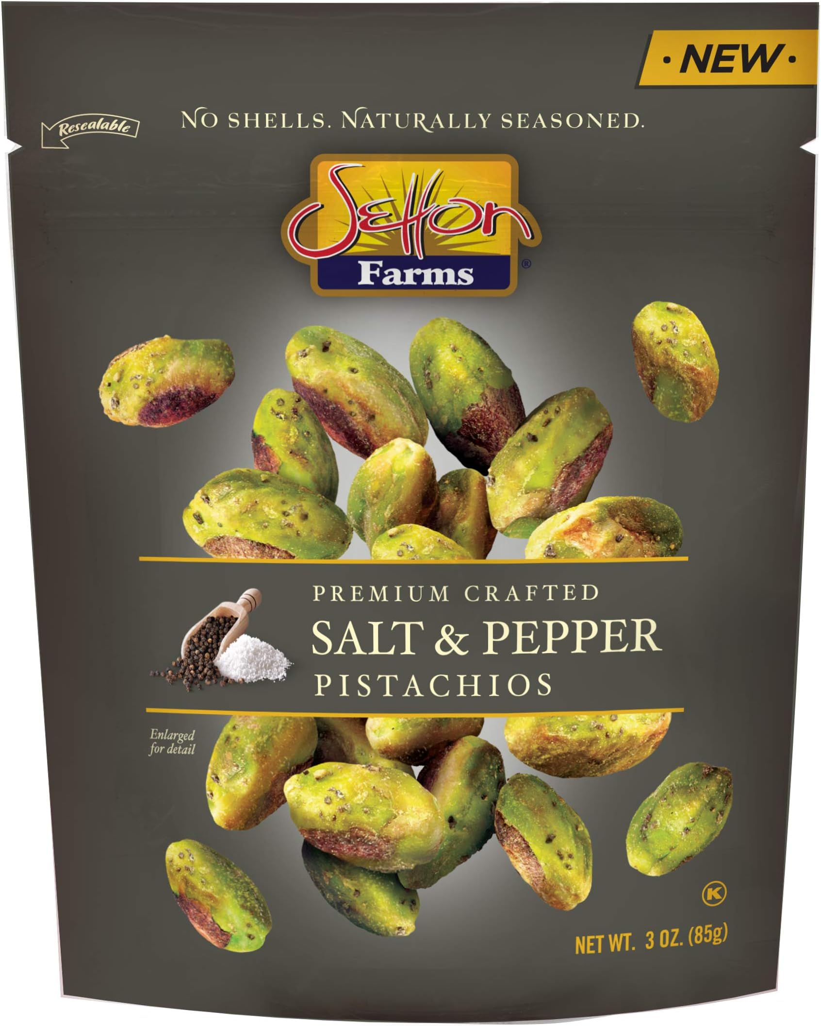 Setton Farms Naturally Seasoned Pistachio Kernels, Salt and Pepper, No Shell Pistachios, Certified Non-GMO, Gluten Free, Vegan and Kosher, 3 oz Resealable Pouch