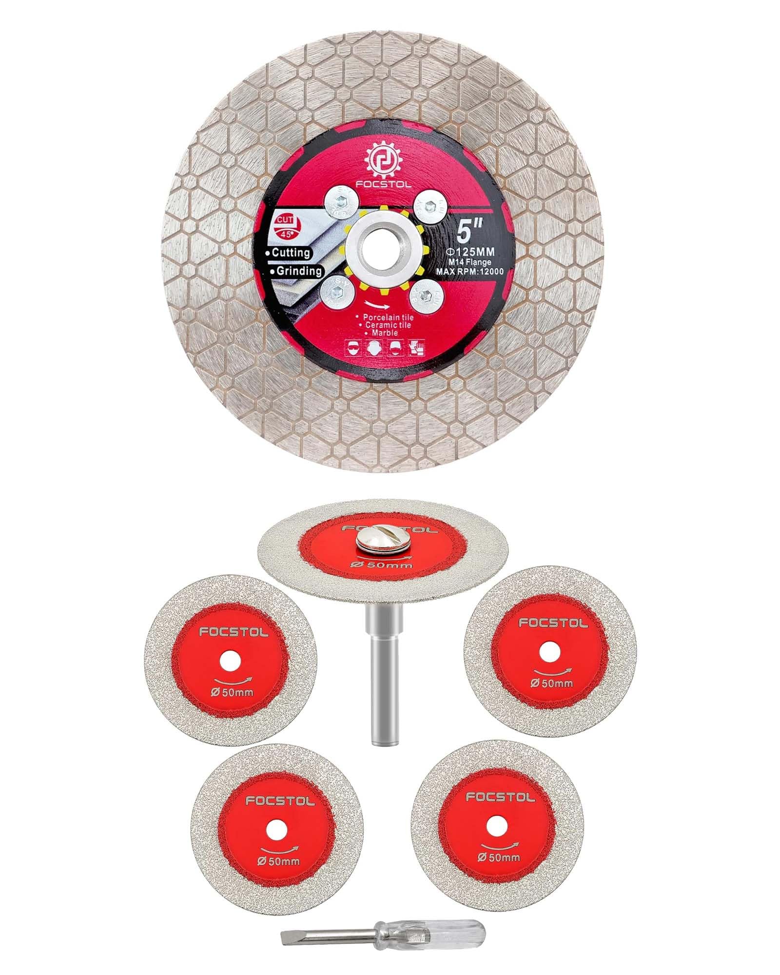 FOCSTOL Disco Corte Vidrio 5 piezas 50mm Disco Diamante y 1 pieza 6mm Mango Redondo y Disco Diamante 125mm Porcelánico