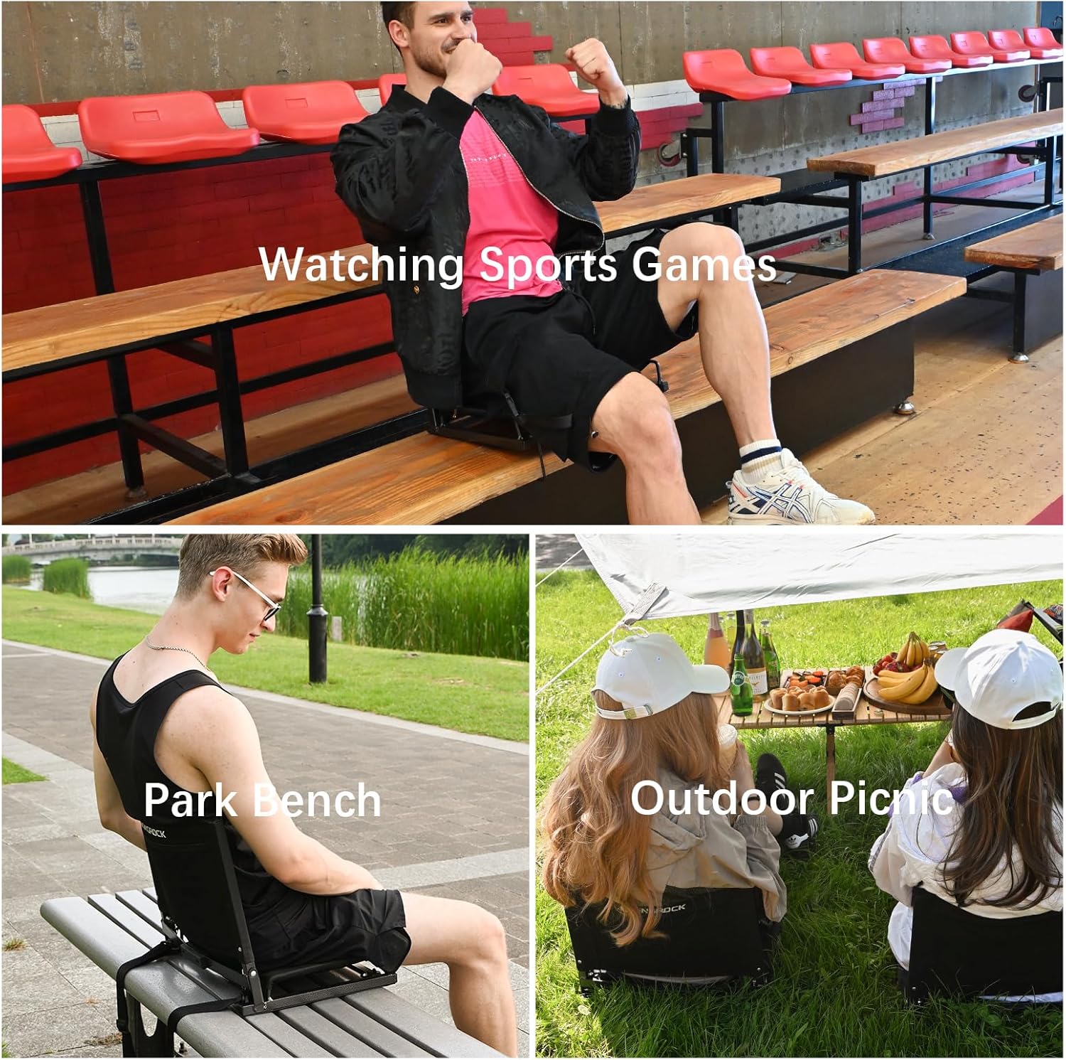 KINGROCK Stadium Chair for Bleachers with Back Support Portable Folding Bleacher Seat Cushion Padded Backrest 2 Hooks Lightweight for Sports Games Concert