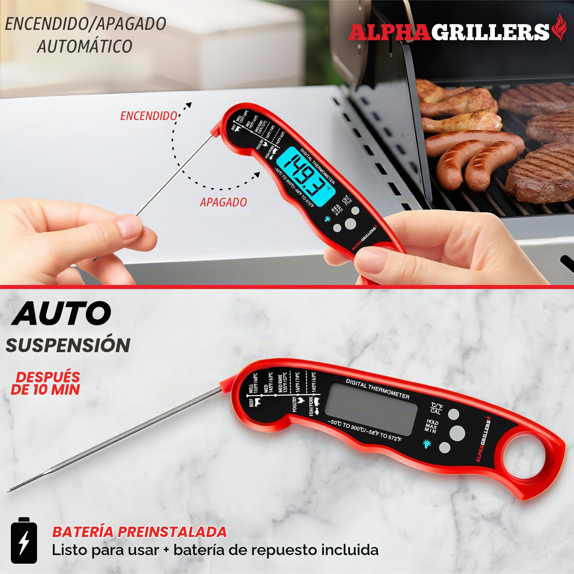 Vegena - Termómetro de barbacoa para carne, termómetro de barbacoa, termómetro de horno, 2 sondas con preajuste de temperatura, despertador de cocina, retroiluminación azul, pared trasera magnética