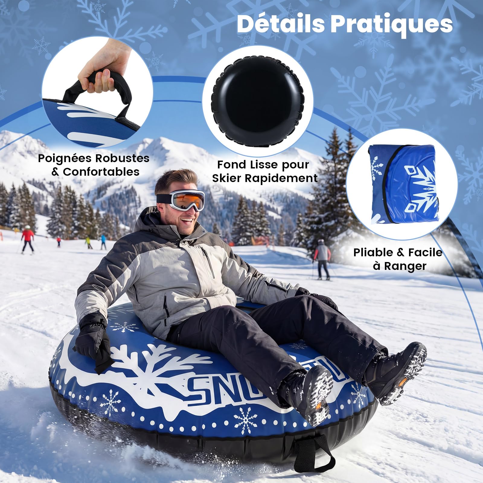 COSTWAY Luge Bouée Gonflable de 107 cm, Traîneau à Neige Robuste avec Sangle de Remorquage Amovible Fond Épaissi Valve 3 en 1 Poignées, Jouets Amusants d'hiver pour Enfants Adultes
