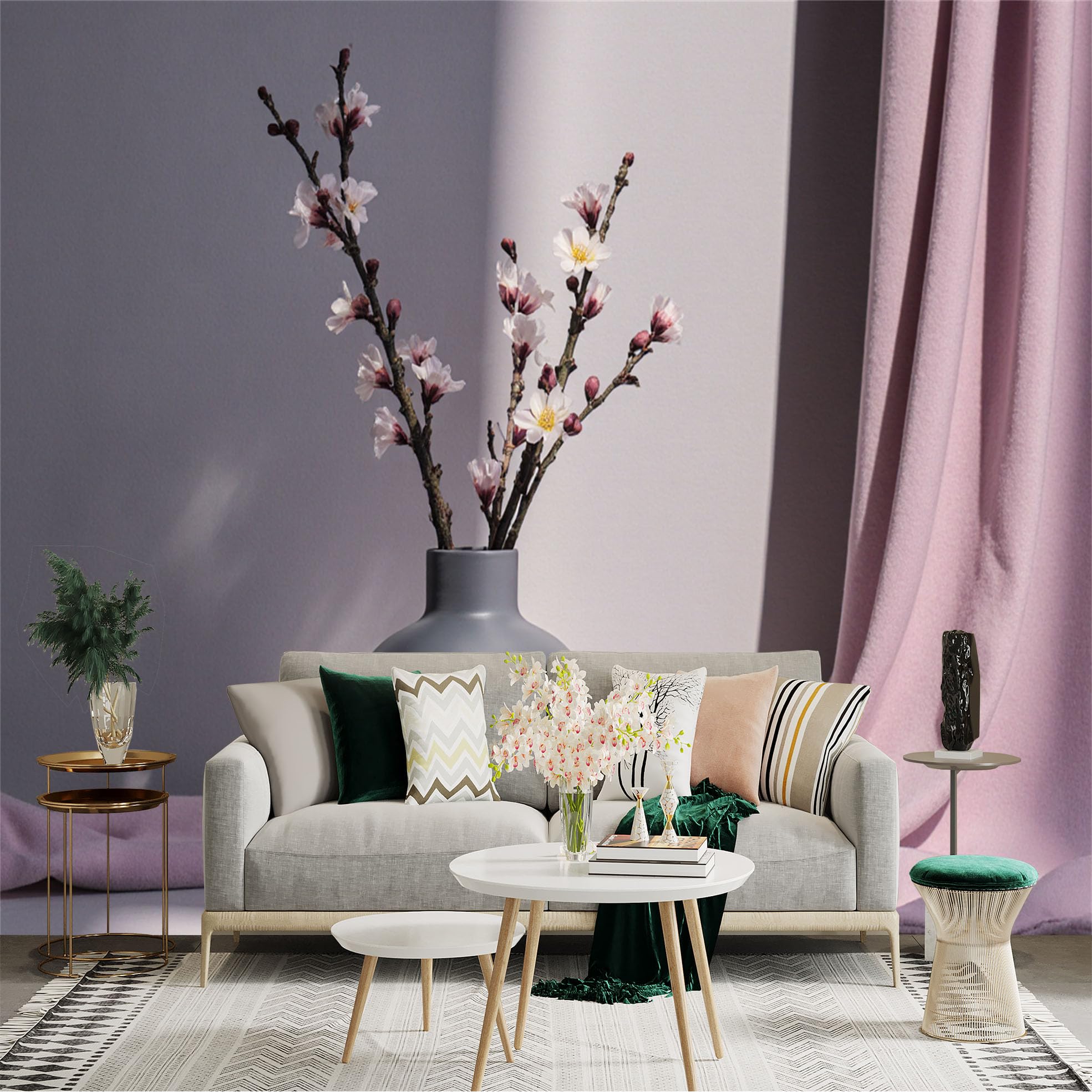 Custom Size Wall Sticker Mural， Cherry Blossom Branches in Minimalist Grey Vase， Soft Pastel Pink Fabric Backdrop， Elegant Floral Home Decor， for wall Decoration， peelandstick wall Decals.