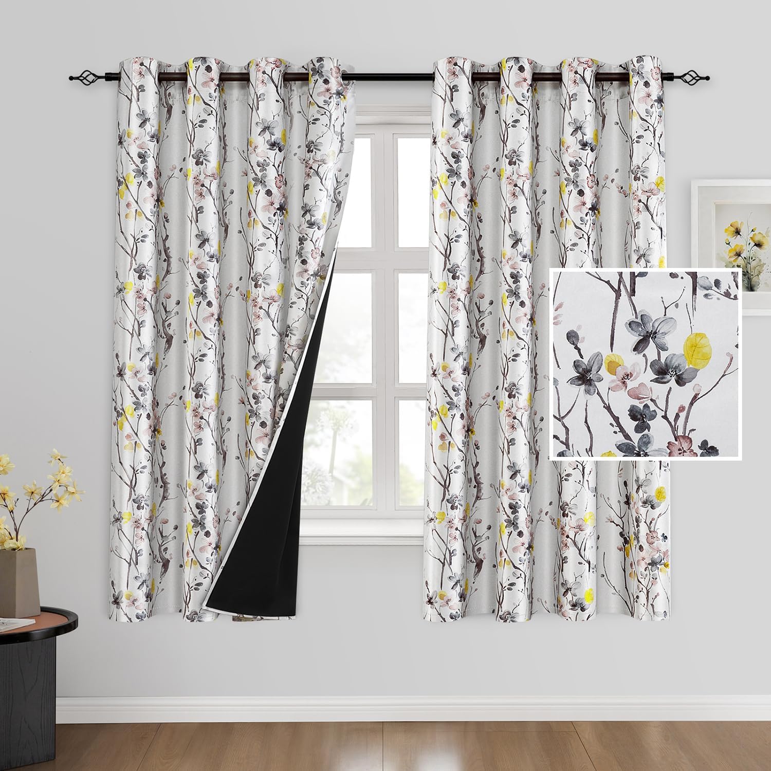 HOMEIDEAS 100 Floral Blackout Curtains 63 Inch Length 2